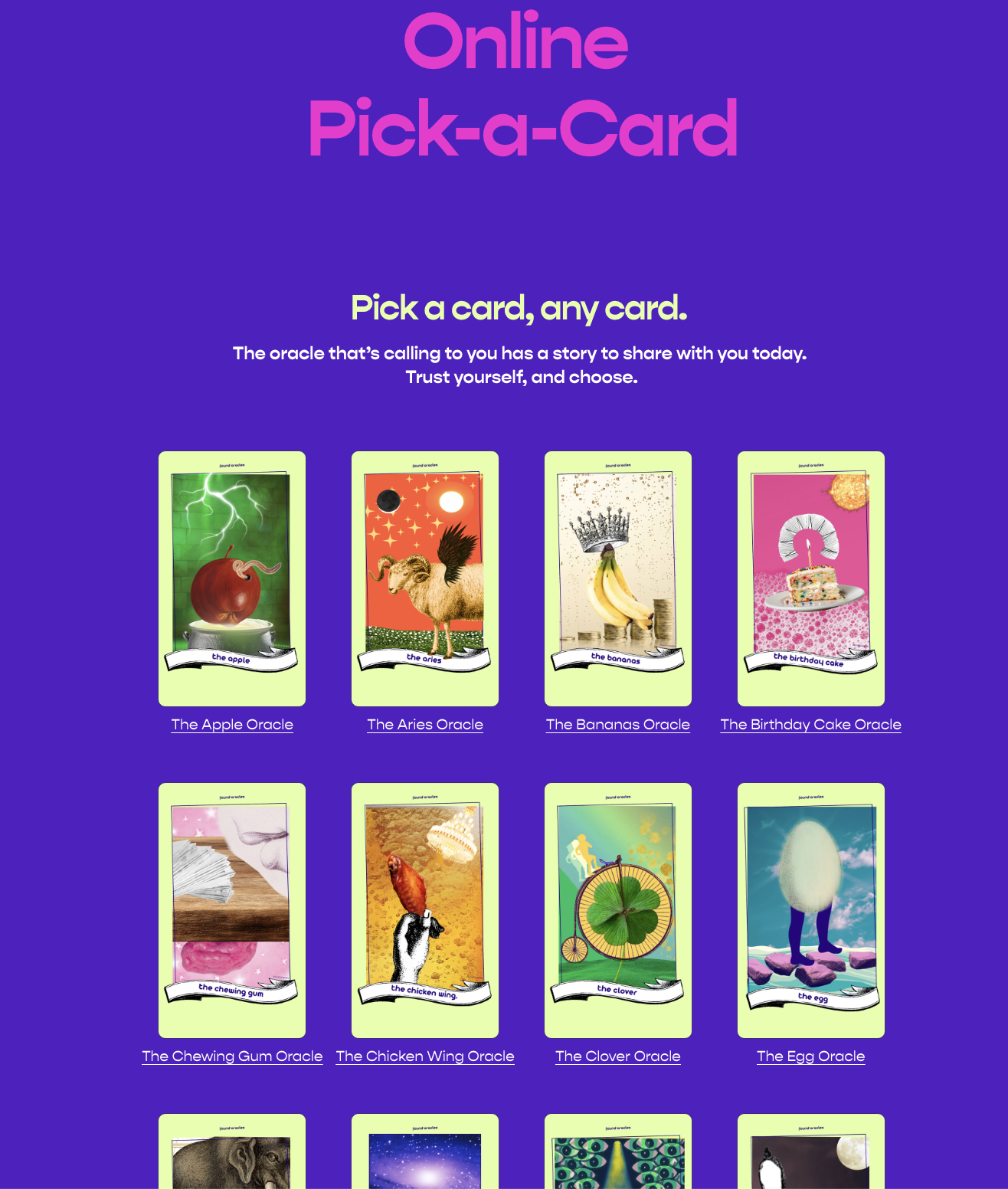 Found Oracles interactive storytelling site library page showing the first 12 oracles out of the full library. The page is called Online Pick a Card and says pick a card, any card..png