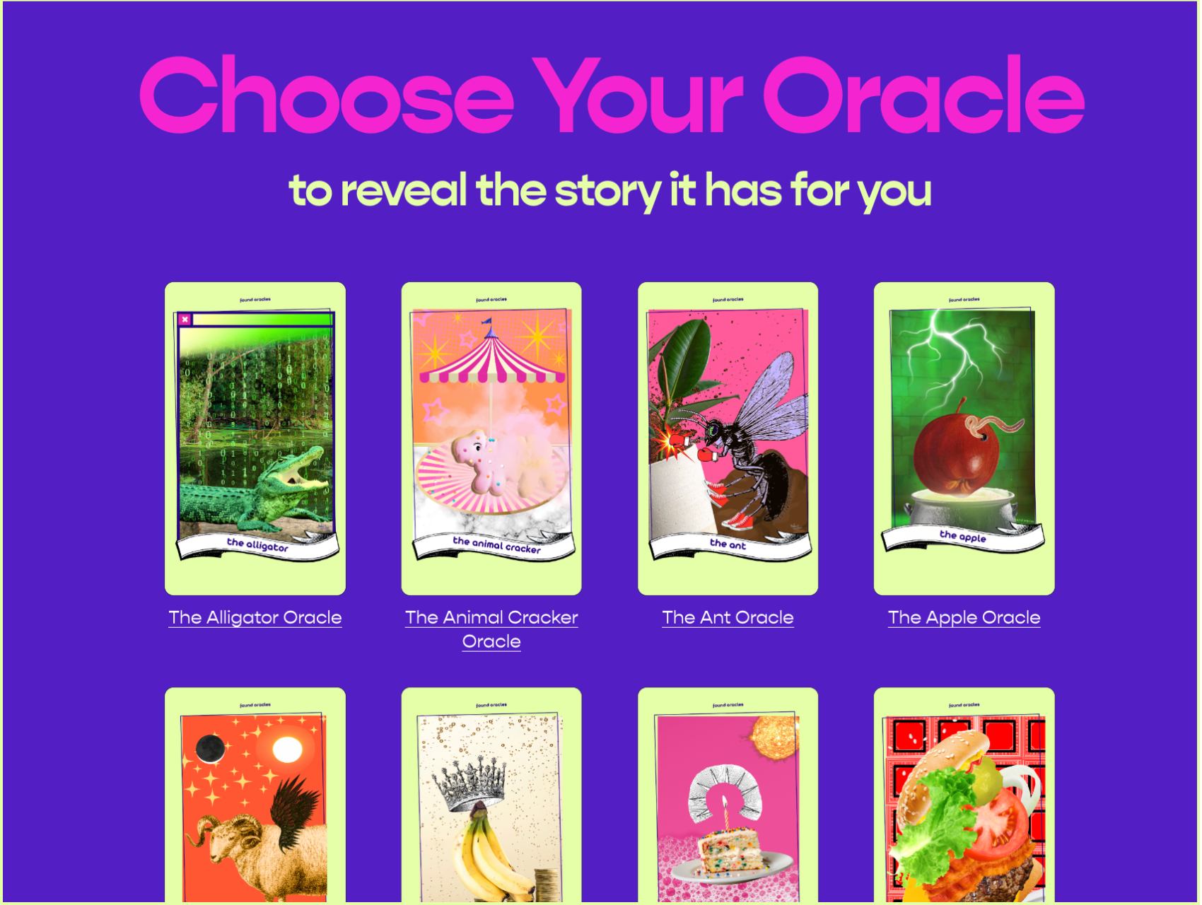 A preview of the Found Oracles volume 1 digital library with dozens of oracular characters to choose from by Bailey Sends Word Story Studio