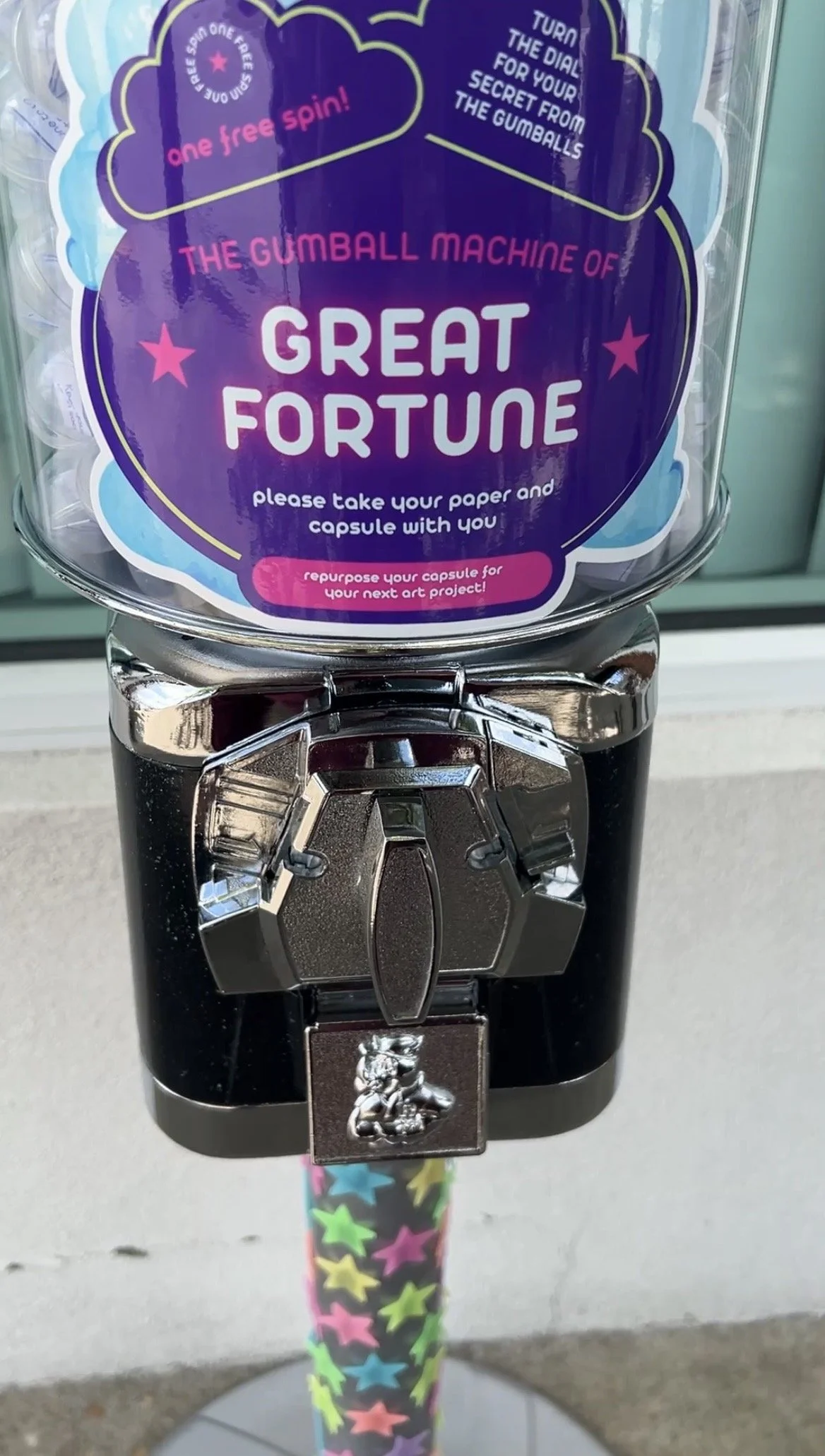 A close up view of The Gumball Machine of Great Fortune interactive storytelling encounter by Bailey Lewis.