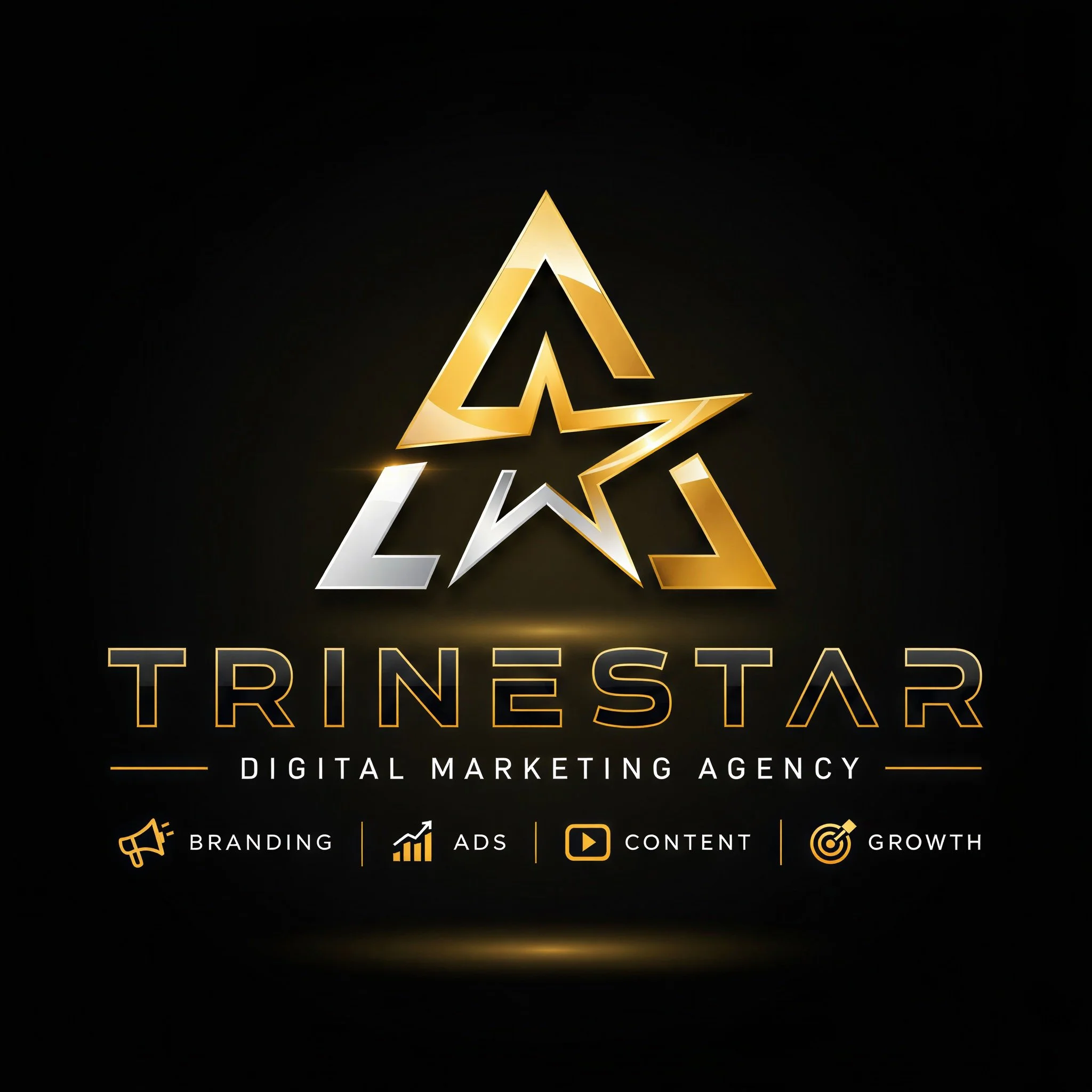 Logo for a digital marketing agency named 'Trenestar' featuring a gold and black geometric star design with icons representing branding, ads, content, and growth.