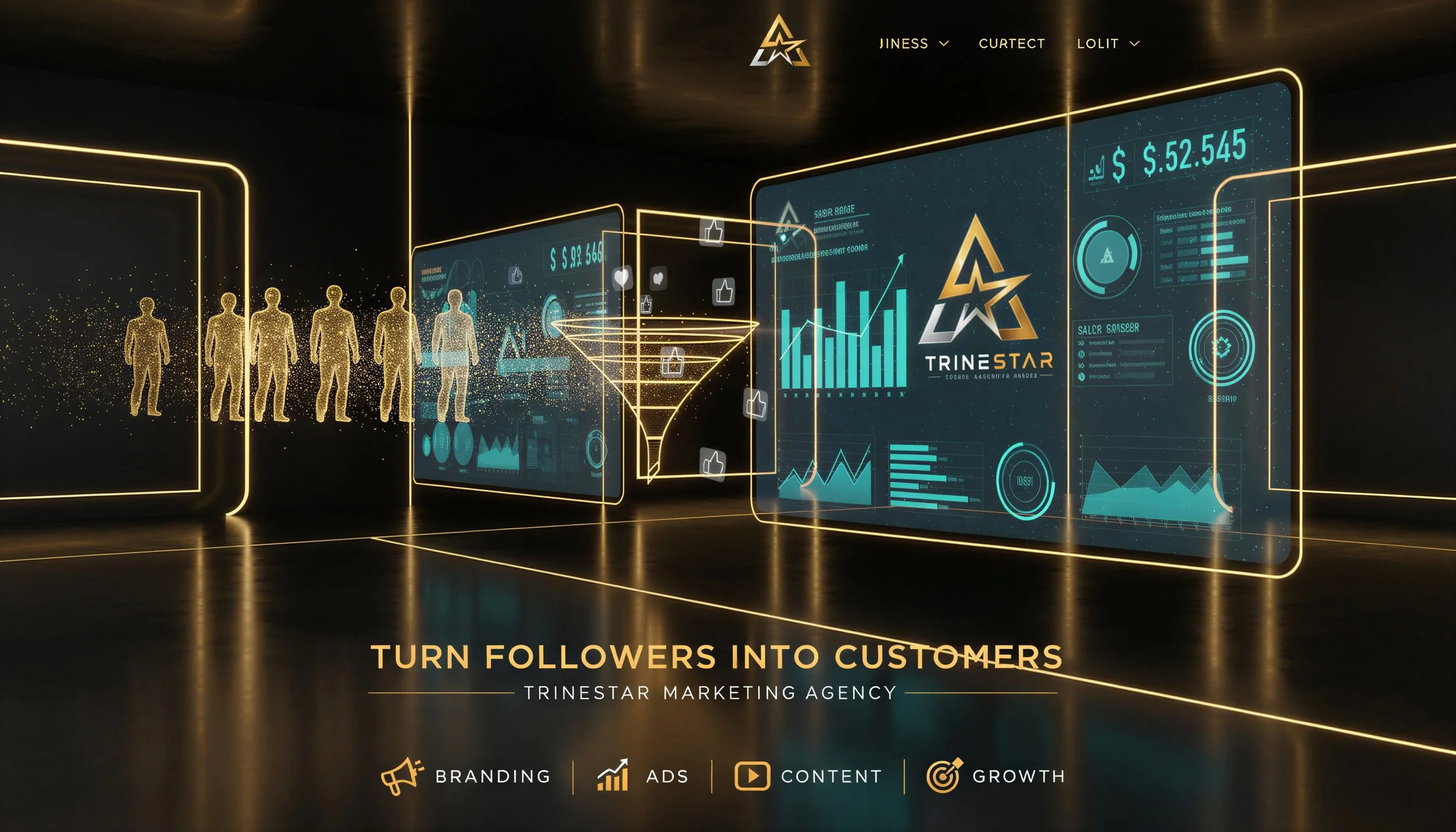 Digital illustration of a marketing agency webpage with holographic charts, graphs, and human icons, featuring the text 'Turn followers into customers' and the agency's name 'Trinestar'.