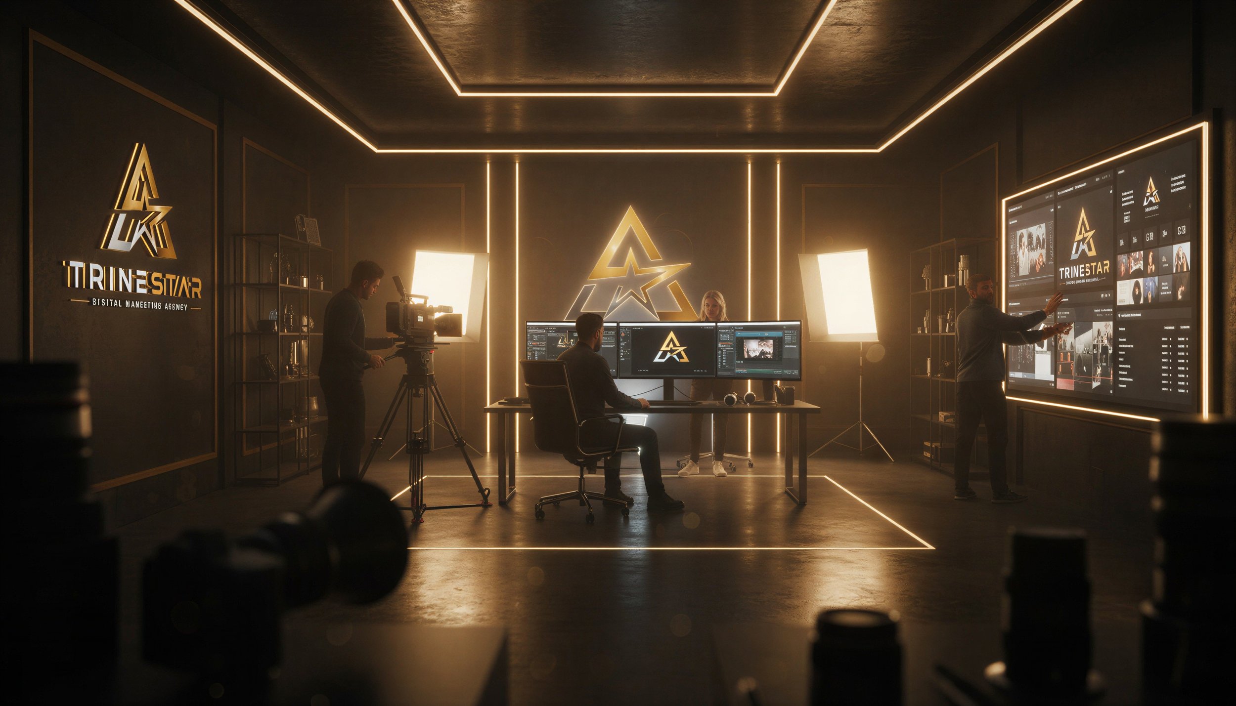 A professional video editing or production studio with multiple monitors displaying the 'TRINE STAR' logo and other interface elements, with three people working and discussing, illuminated by warm, modern lighting.