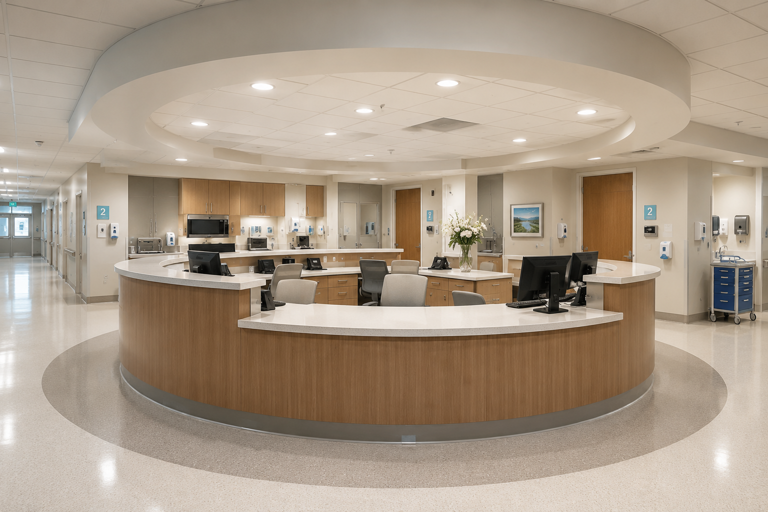 Hospital reception desk area with computer stations, telephone, and flower arrangement, surrounded by hallway with doors and medical supplies.