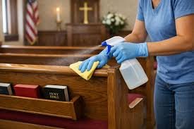Person cleaning church pew with a yellow cloth and spray bottle, wearing blue gloves.