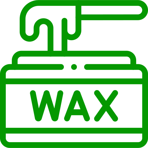 Green icon of a jar with a lid, with a stick or spatula pulling out wax, and the word 'WAX' written on the jar.