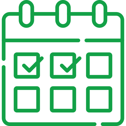A green outline of a calendar with check marks in two boxes and an empty box.