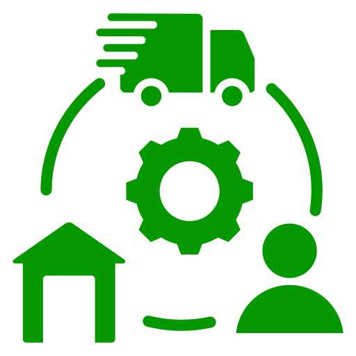 Icon representing freight truck, gear, house, and person, indicating logistics, shipping, or delivery services.