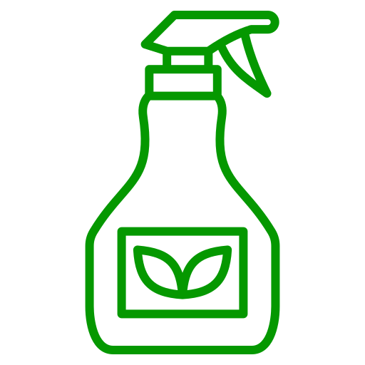 Outline drawing of a spray bottle with a leaf symbol on it, representing eco-friendly or plant-based cleaning product.