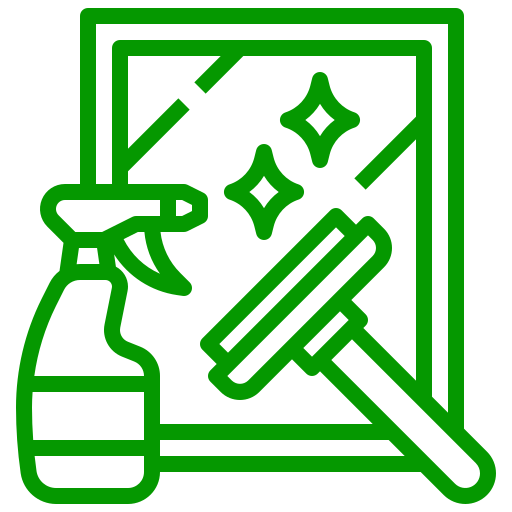 Icon of a spray bottle, cleaning cloth, and a window with sparkle effects, representing cleaning or window cleaning.
