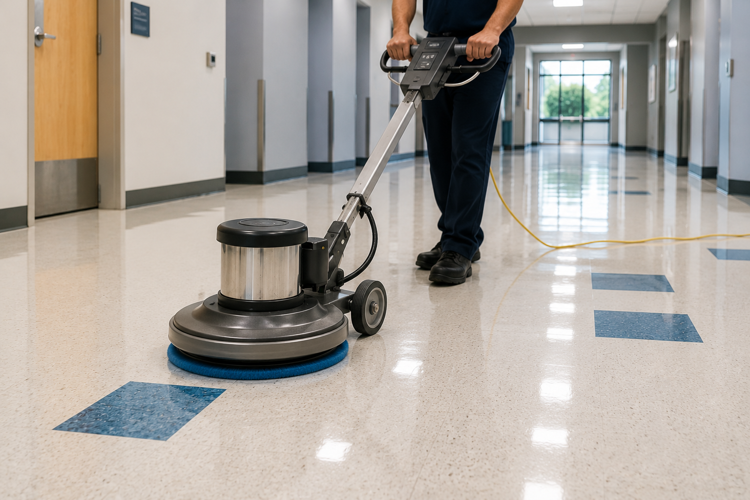 A person operating a floor cleaning machine in a hospital hallway with tiled floors and large windows in the background.