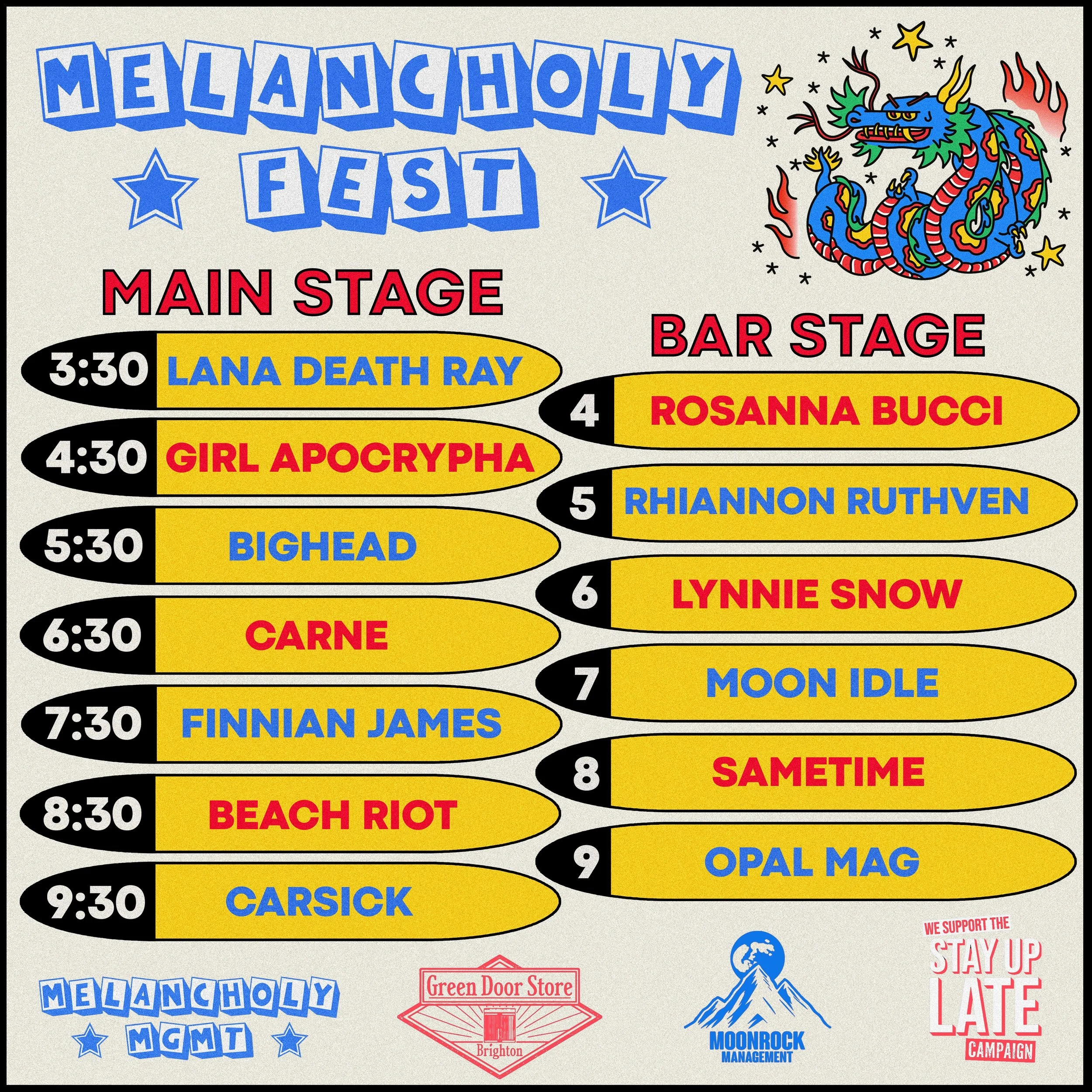 MELANCHOLY FEST 2026

Only 2 days to go! Here are the timings for Melancholy Fest @greendoorstore on Sunday - unfortunately  @fanchon.band can no longer play due to illness 💔

Tickets are almost gone! Grab the last few whilst you can 🔥