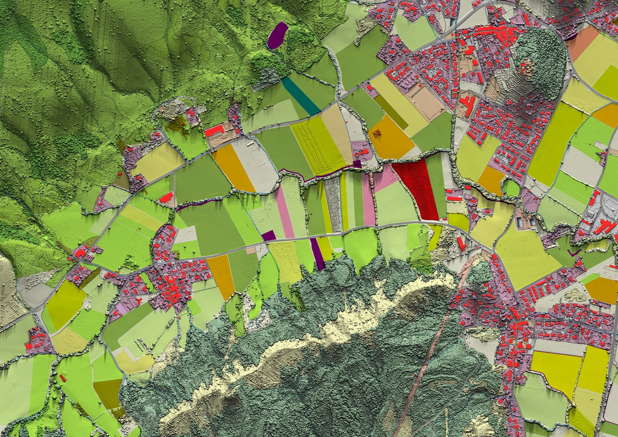 A land-use map showing fields, roads, wooded areas, and surrounding landscape.