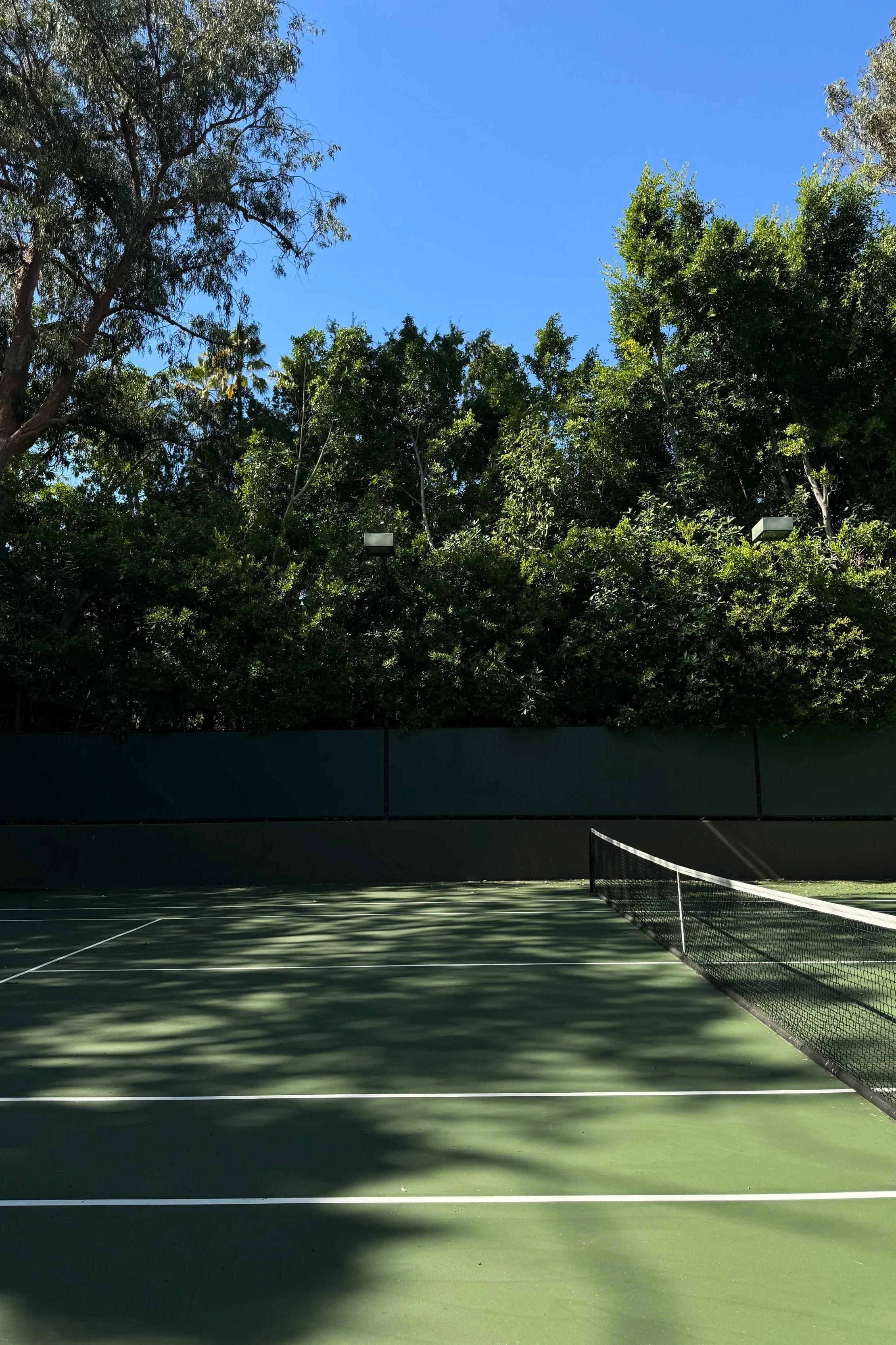 An outdoor tennis court surrounded by lush green trees with blue sky overhead, and shadows cast on the court
