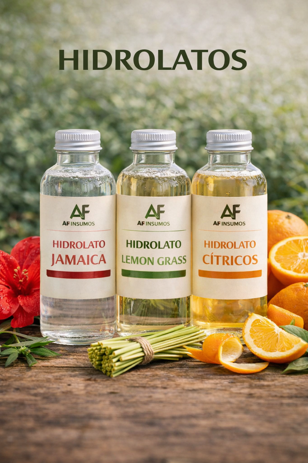 Tres botellas de hidrolatos de diferentes sabores con frutas y plantas alrededor, en un fondo de naturaleza.