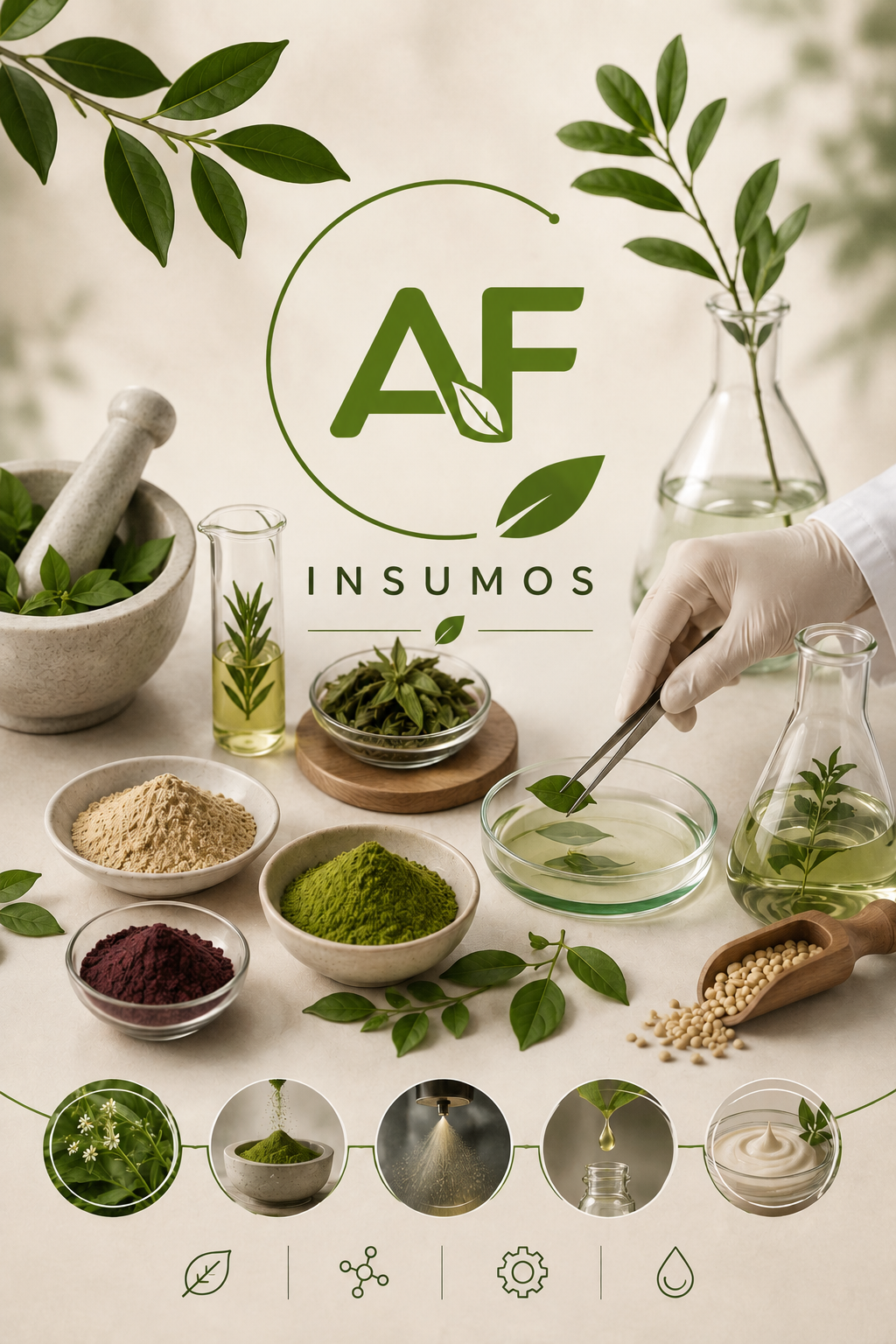 Conjunto de productos naturales y químicos utilizados en insumos de cuidado y belleza, incluyendo hojas, polvo, aceites y cremas, con letras 'AF' y el término 'INSUMOS' en el centro.
