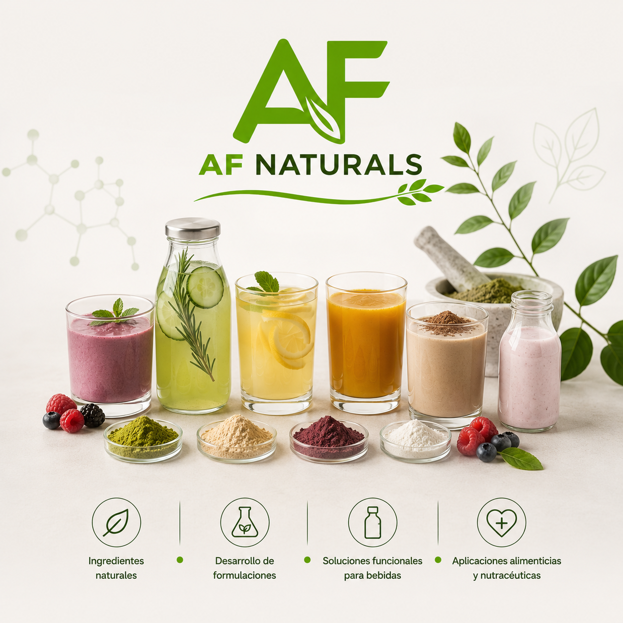 Varias bebidas coloridas en vasos, además de ingredientes en polvo y frutas frescas, con un logo que dice 'AF Naturals' y iconos relacionados con ingredientes naturales, formulaciones, soluciones para bebidas y aplicaciones alimenticias y nutracéuticas.