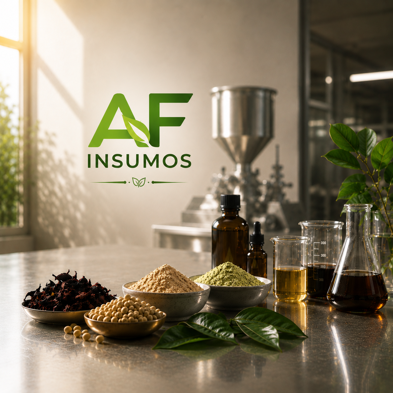 Imagen de ingredientes naturales y productos químicos en frascos y tazas en un laboratorio o planta de procesamiento de insumos agrícolas, con el logotipo de AF Insumos en primer plano