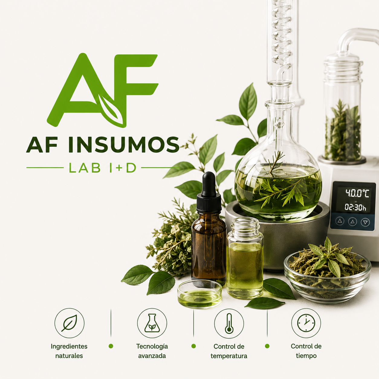 Imagen de laboratorio con frascos de aceite y hojas verdes, tecnología avanzada, control de temperatura y tiempo, con texto que dice 'AF INSUMOS LAB I+D' y iconos que representan ingredientes naturales, tecnología avanzada, control de temperatura y control de tiempo.