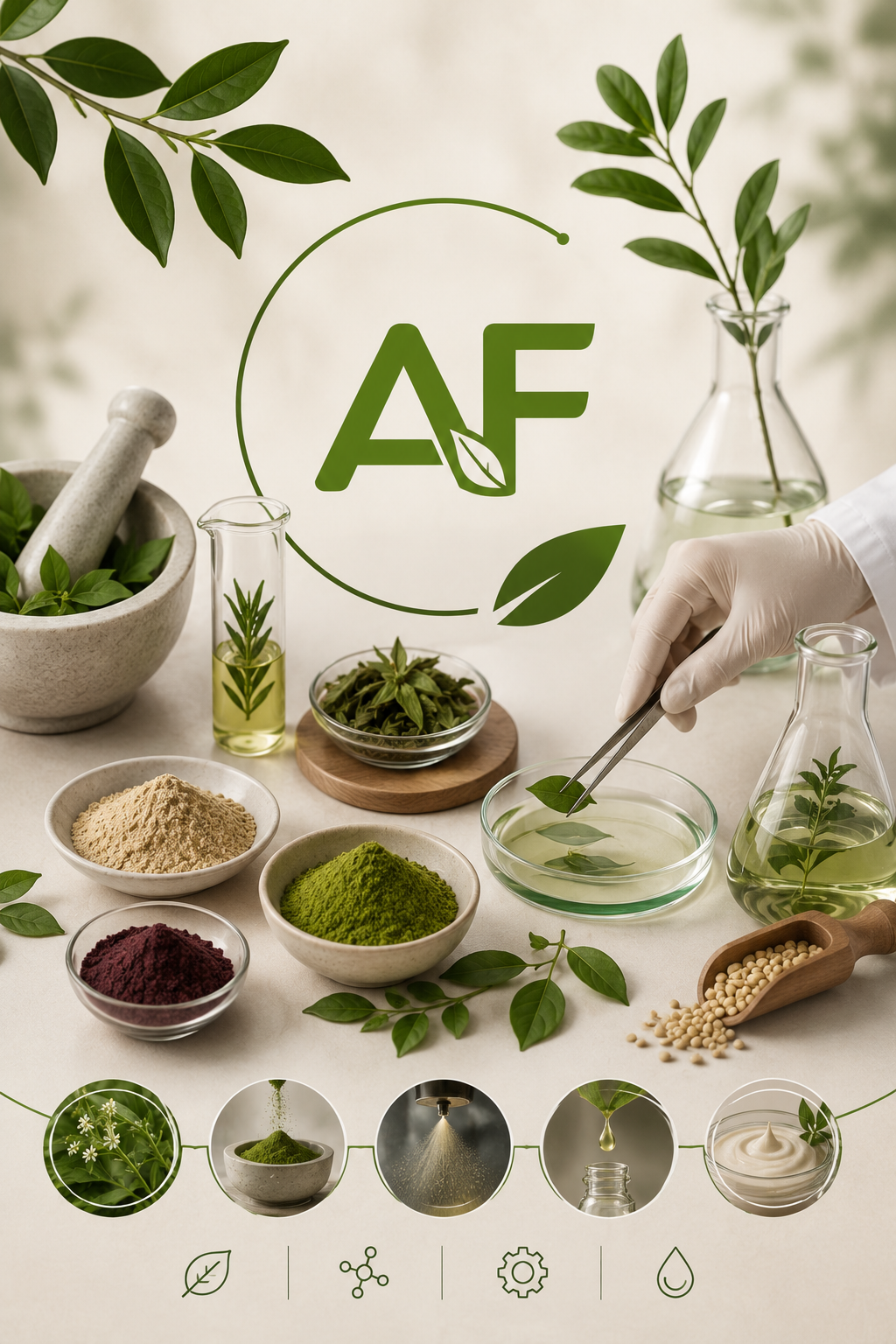 Hierbalápiz con plantas, polvo, líquidos y utensilios en un ambiente de laboratorio, simbolizando productos naturales y ecológicos.