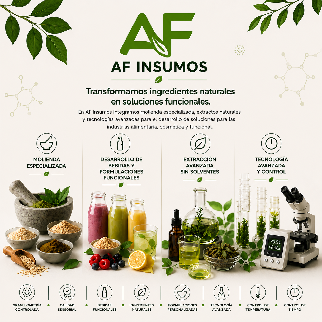 Cartel publicitario de AF Insumos con información sobre ingredientes naturales y tecnología avanzada para soluciones alimenticias, cosméticas y funcionales, con imágenes de ingredientes, frascos, extractos y equipo de laboratorio.