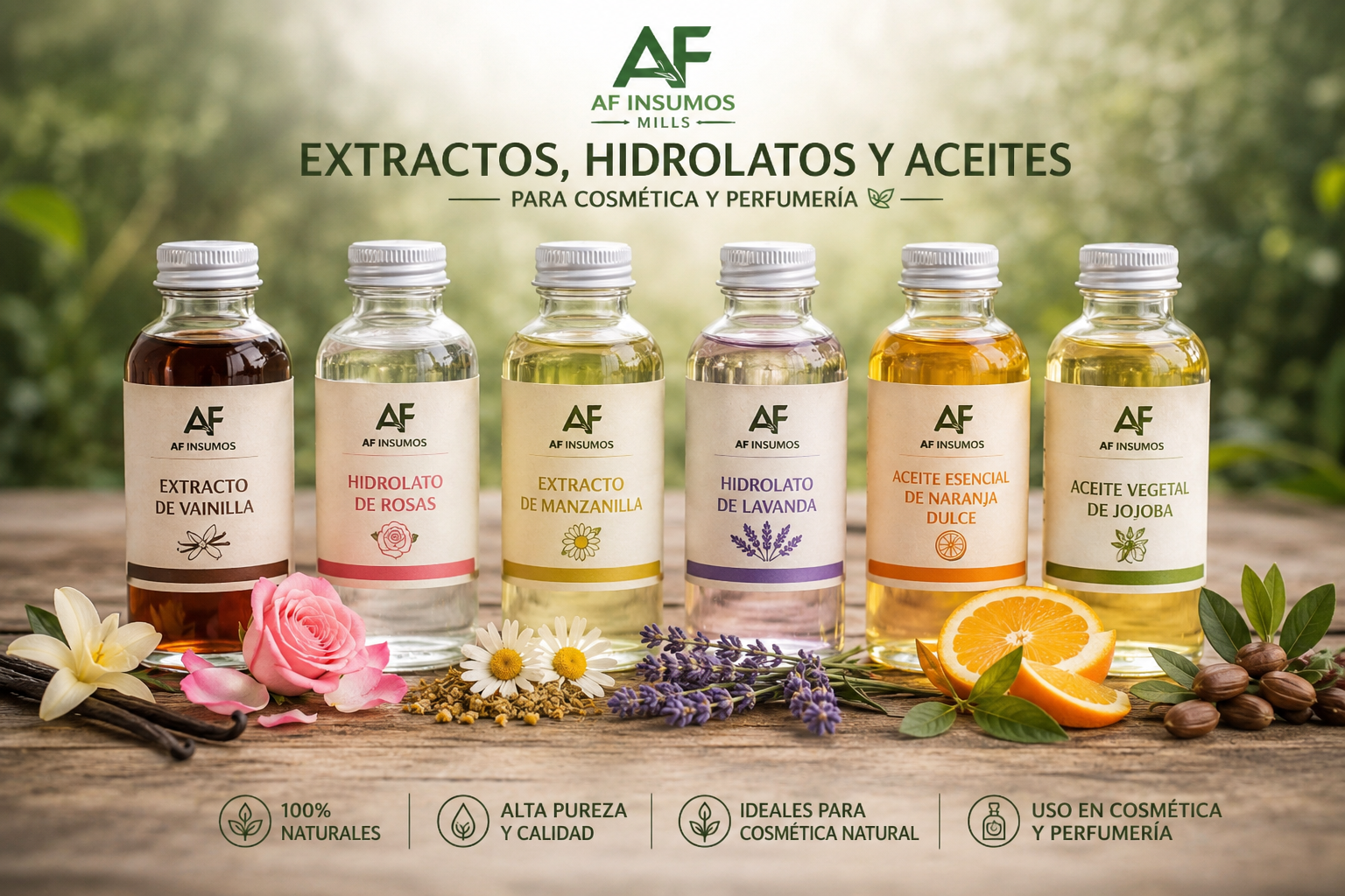 Botellas de extractos, hidrolatos y aceites naturales para cosmética y perfumería, con flores, frutas y semillas decorativas, en un entorno natural.