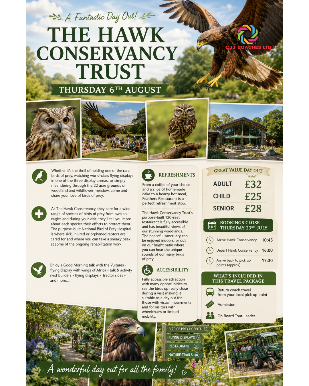 Flyer for The Hawk Conservancy Trust showcasing images of birds, including an owl and a hawk, with details about visiting, refreshments, pricing, and activities on August 6th. Features include bird displays, a restaurant, and accessibility information.