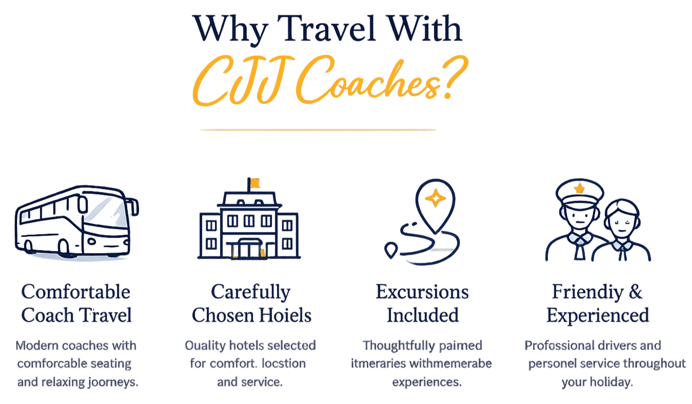 infographic titled "Why Travel with CJ Coaches?" with four sections. The first shows a comfortable coach bus, with text "Comfortable Coach Travel" and description "Modern coach with comfortable seats and relaxing journeys." The second shows a hotel, with text "Carefully Chosen Hotels" and description "Quality hotels selected for comfort, location, and service." The third shows a scenic route, with text "Excursions Included" and description "Mostly planned itineraries with memorable experiences." The fourth shows two professionals in uniform, with text "Friendly & Experienced" and description "Professional drivers and person-centered service on your holiday."