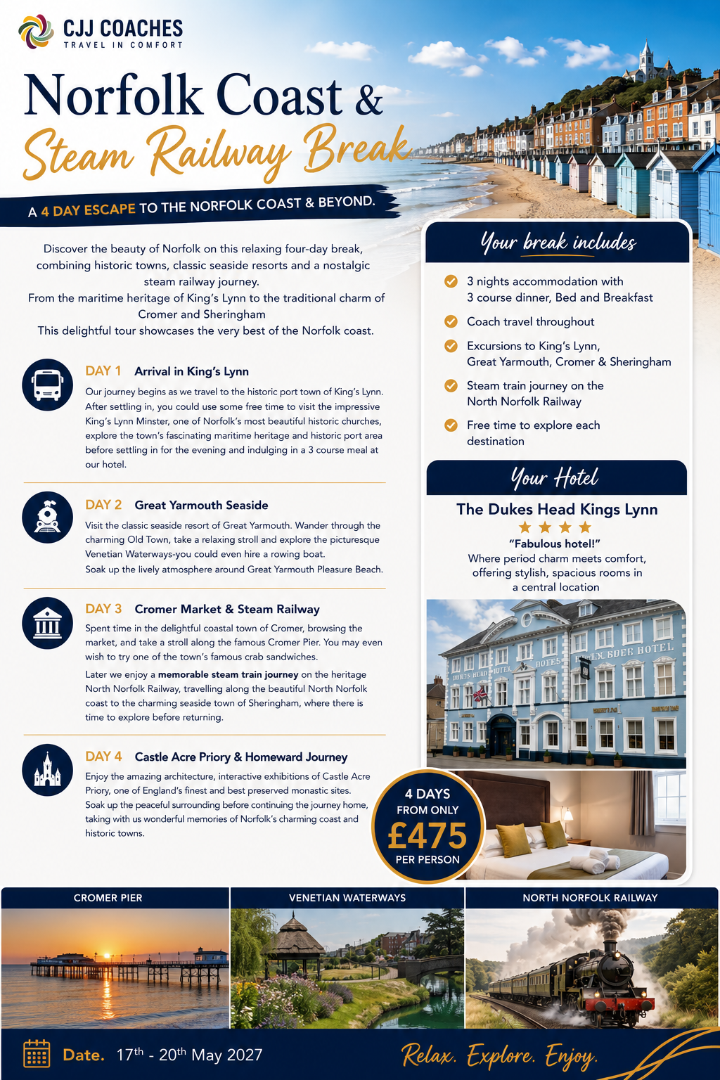 Flyer advertising a CJJ coaches four-day steam railway and coast tour along Norfolk, featuring photos of Cromer Pier, Venetian Waterways, and a North Norfolk Railway steam engine, with text outlining the itinerary and hotel details.