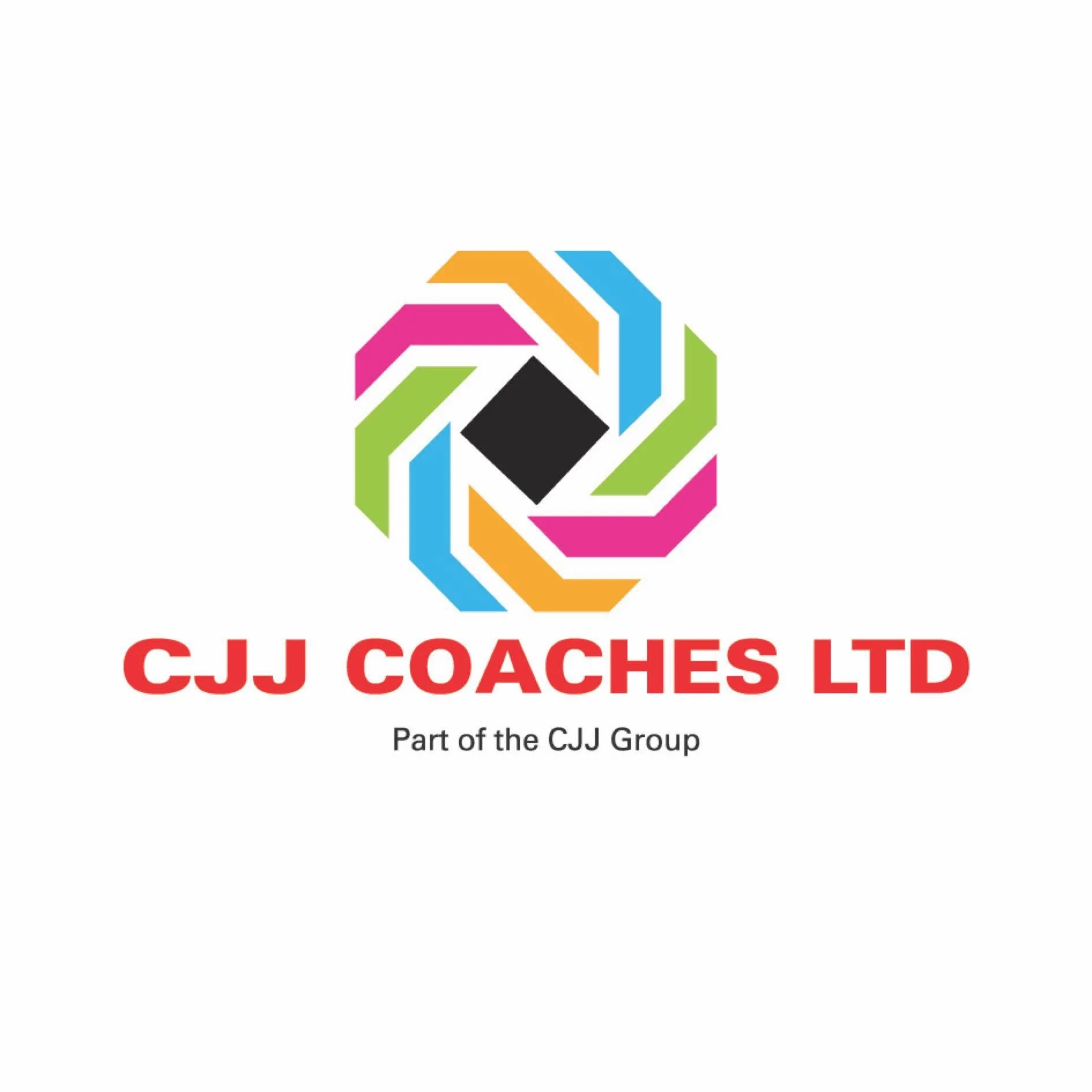 Logo of CJJ Coaches Ltd, a part of the CJJ Group, featuring a colorful, geometric, abstract design with pink, green, orange, blue, and black shapes.