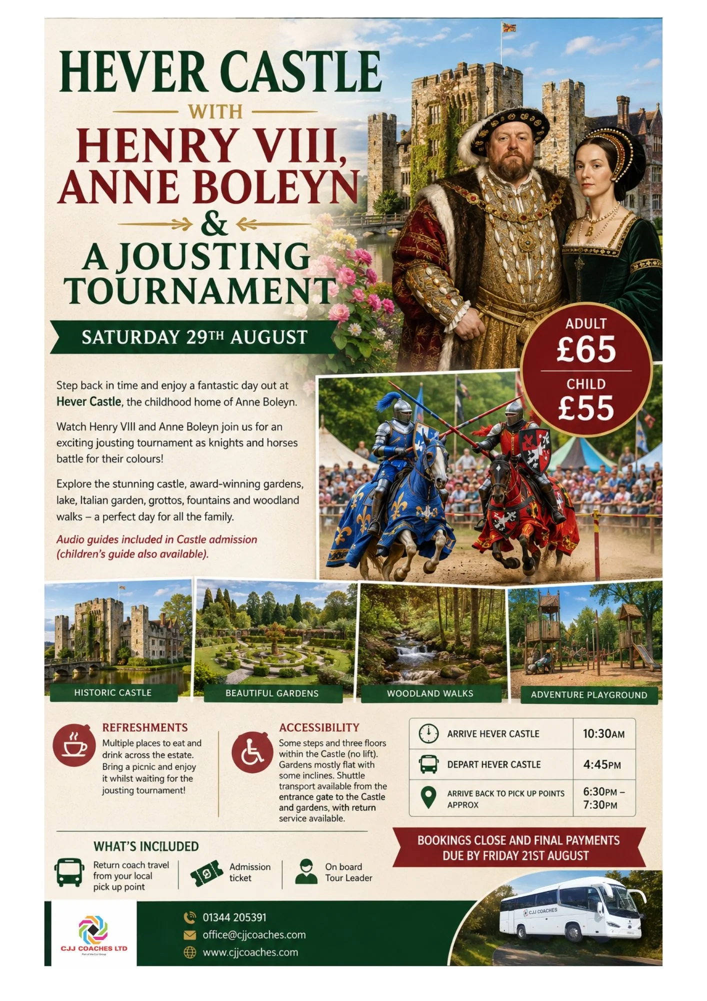 coach trip to Hever Castle featuring Henry VIII and Anne Boleyn in historical costumes, with images of the castle, gardens, woodland walks  and details about the event date, ticket prices, itinerary, and contact information.