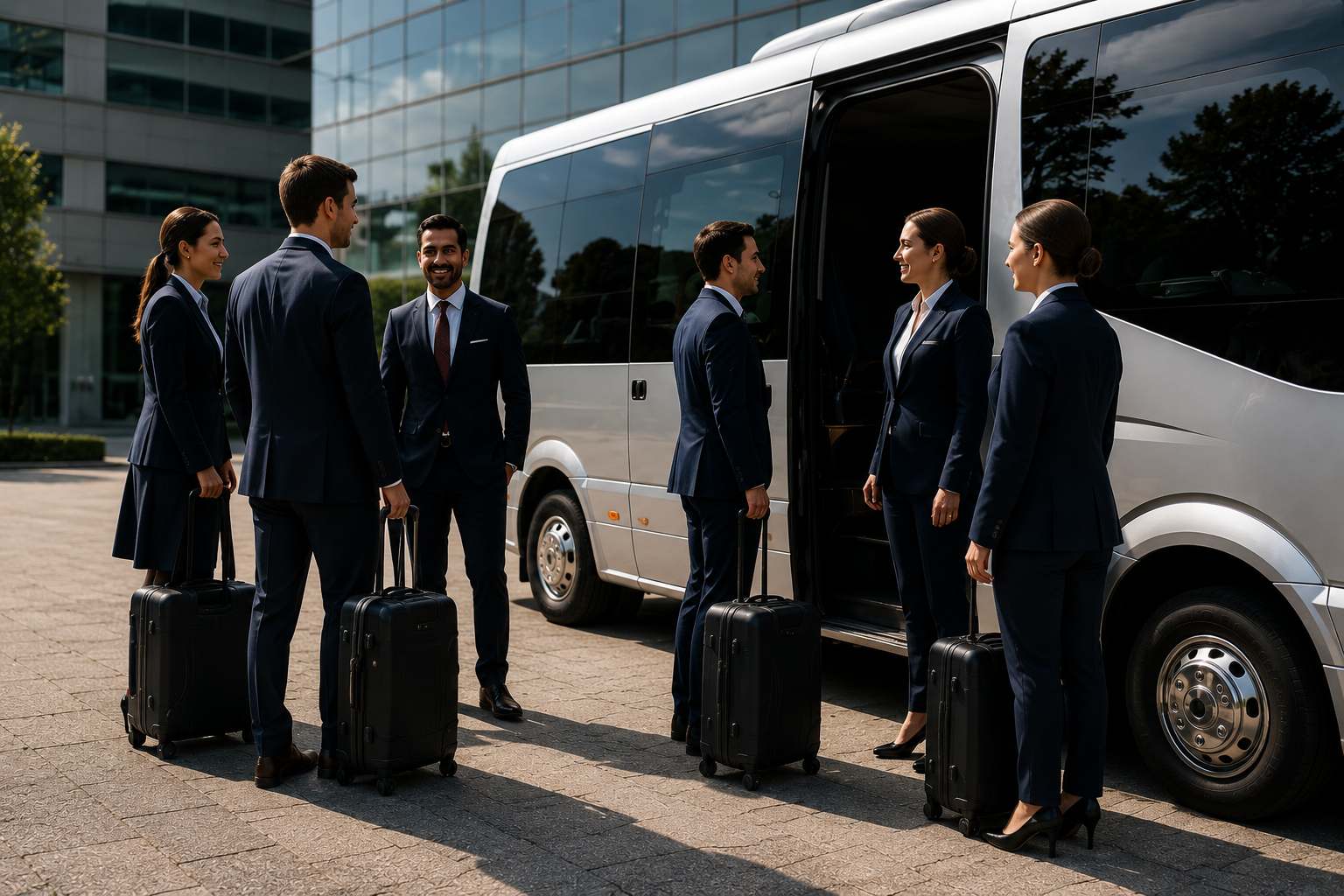Group of six professionally dressed businesspeople with rolling suitcases waiting outside a hotel or conference centre, near a large luxury van.CJJ Coaches executive coach on UK holiday tour, coach day trip, corporate travel


