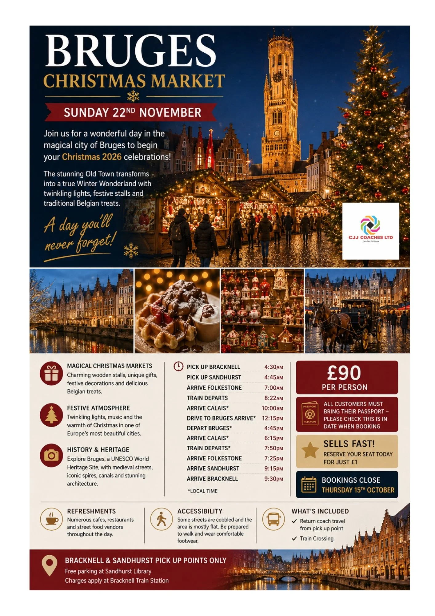 Flyer advertising a coach trip to Bruges Christmas Market on Sunday, November 22, 2026, with images of festive decorations, chocolate waffles, and historic architecture in Bruges.