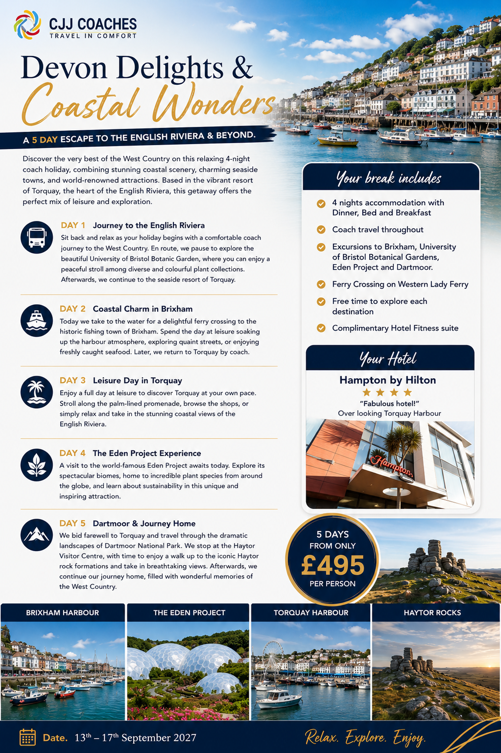 Travel brochure for a 5-day Devon coastal holiday package by CJJ Coaches, featuring images of Brixham Harbour, Eden Project, Torquay Harbour, and Haytor Rocks with details of daily activities and hotel stay at Hampton by Hilton.