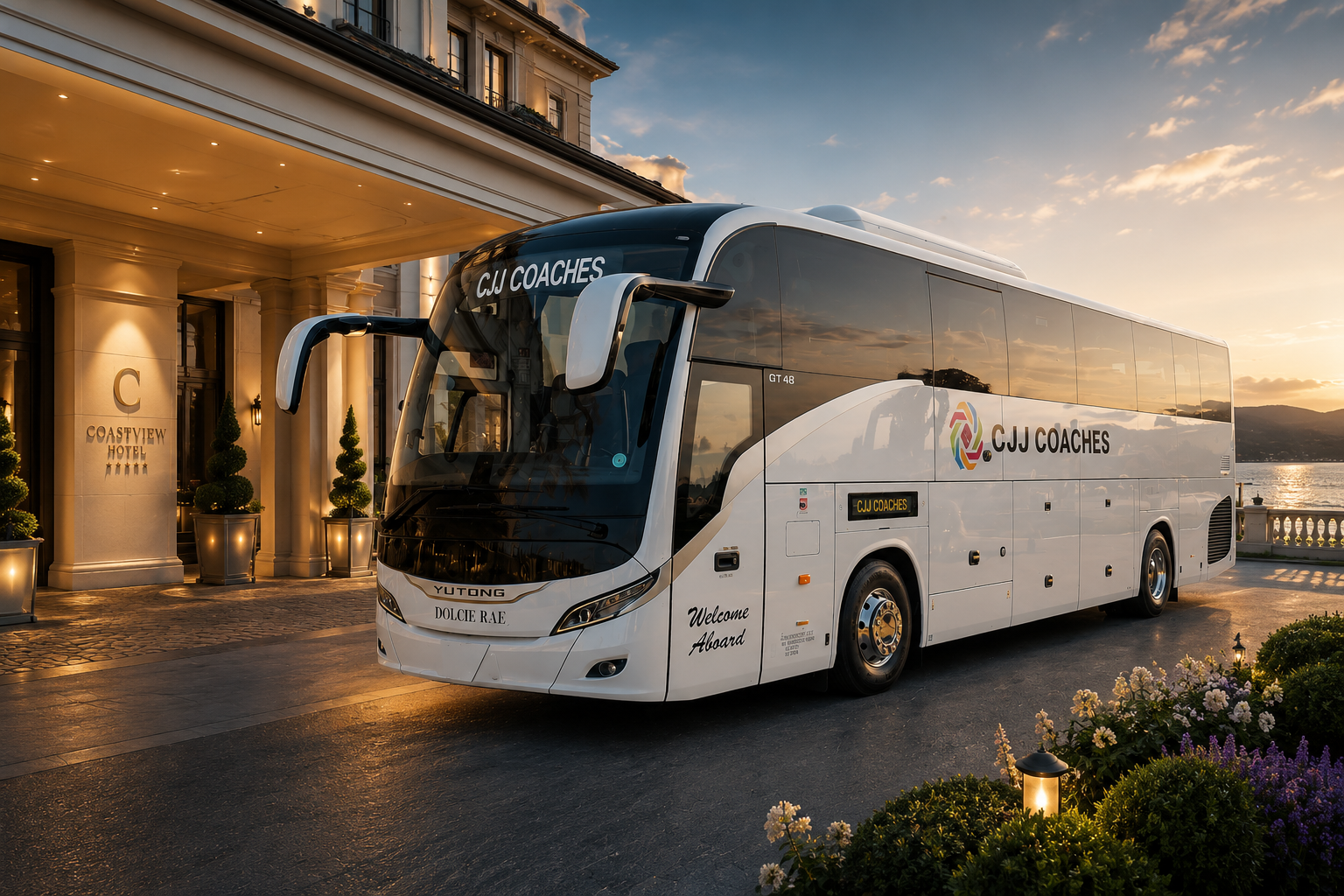 A white coach bus with the logo and name 'CJJ Coaches' parked in front of the Coastview Hotel at sunset. The bus has a digital display reading 'CJJ Coaches' and the words 'Welcome Aboard' written on its front. The hotel entrance features illuminated plants and decorative lamps, with a scenic view of water and mountains in the background.