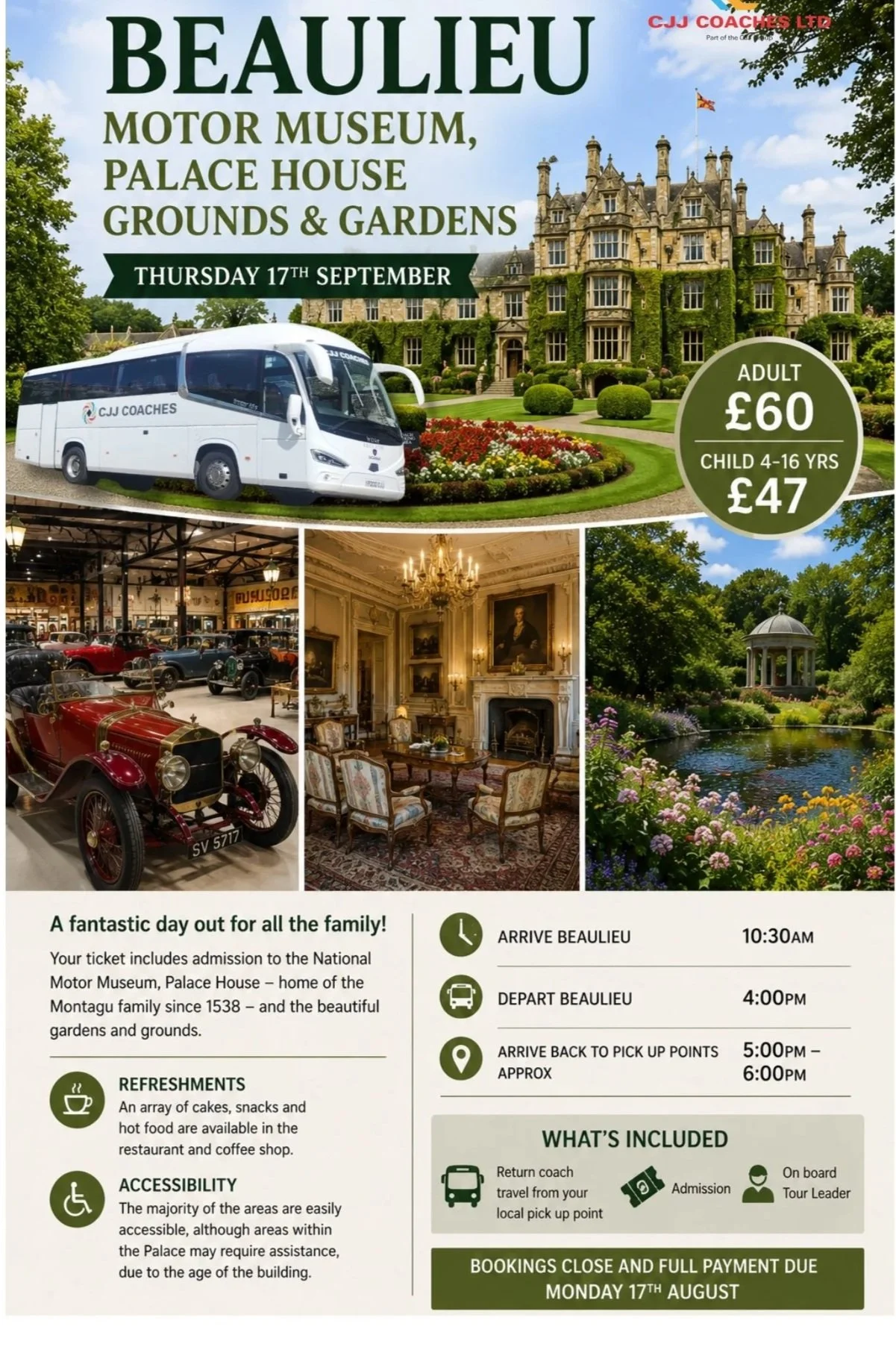 A coach trip to Beaulieu, featuring images of a castle, a motor museum with vintage cars, an ornate interior room, and a garden with a pond and gazebo. Information includes date, prices, schedule, and amenities.