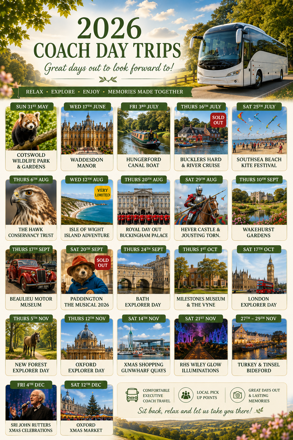 A scenic landscape with trees and a bus on a road, promoting 2026 coach day trips with destinations and dates listed below.