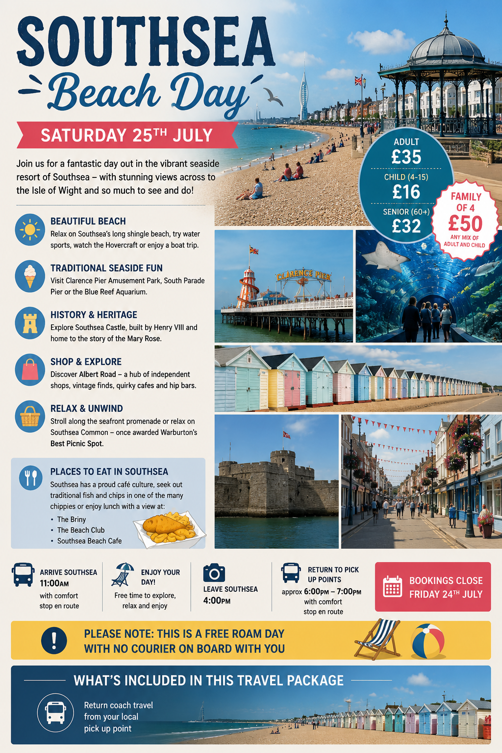 Information poster for coach trip to Southsea Beach Day event on Saturday, July 25th. Features images of the beach, pier, colorful beach huts, historic fortress, and shopping street. Details include activities, prices, timings, and booking info.