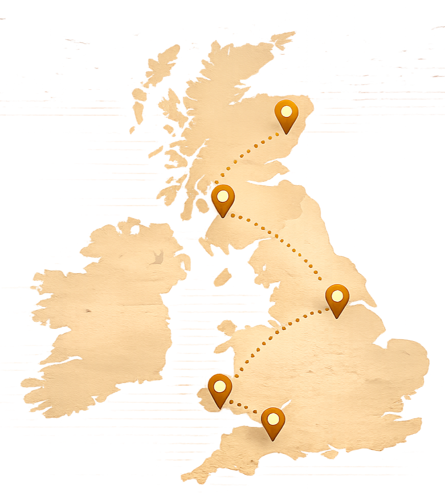 Map of the United Kingdom showing a travel route with four marked locations connected by dotted lines Coach day trip passengers visiting UK attraction
