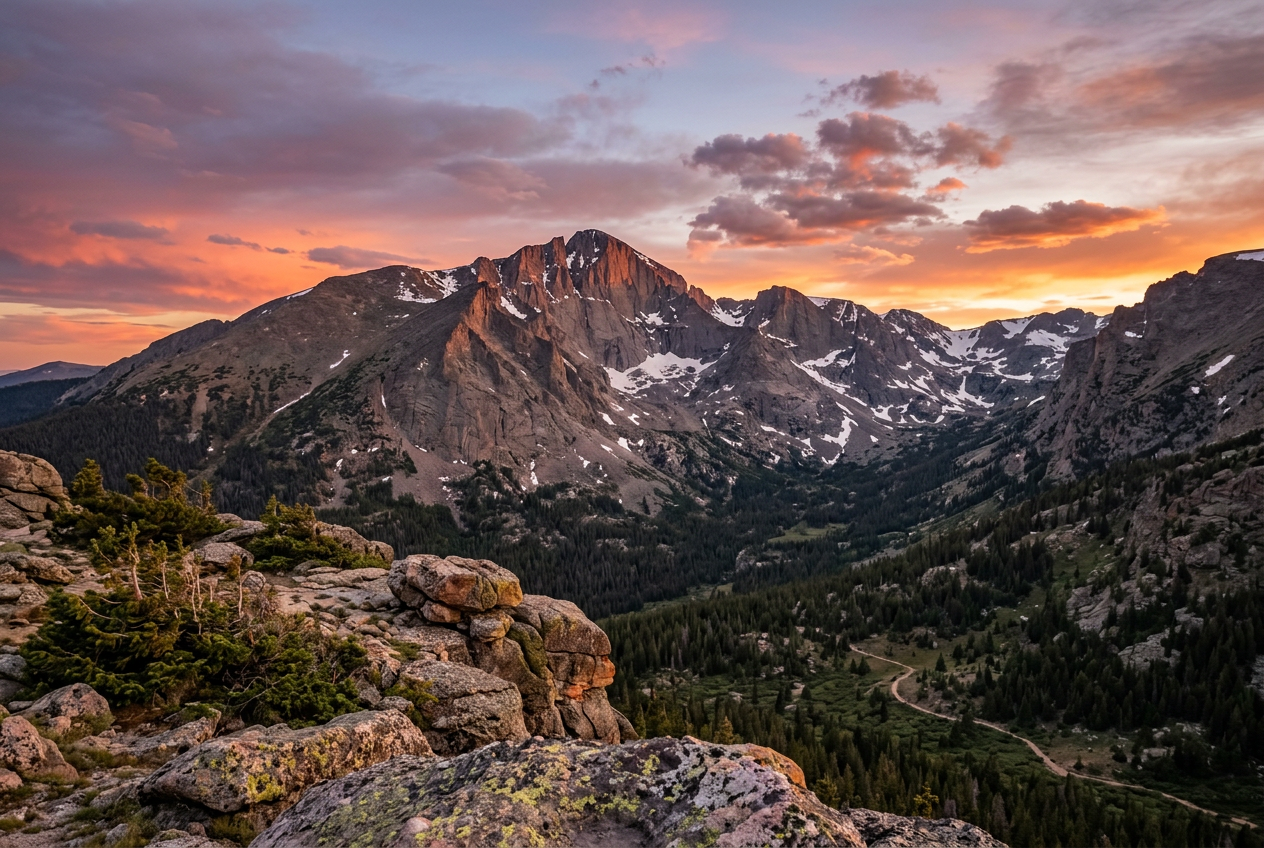 Mountain range at sunset with rocky foreground, snow patches on mountains, and a valley with trees and a winding road.