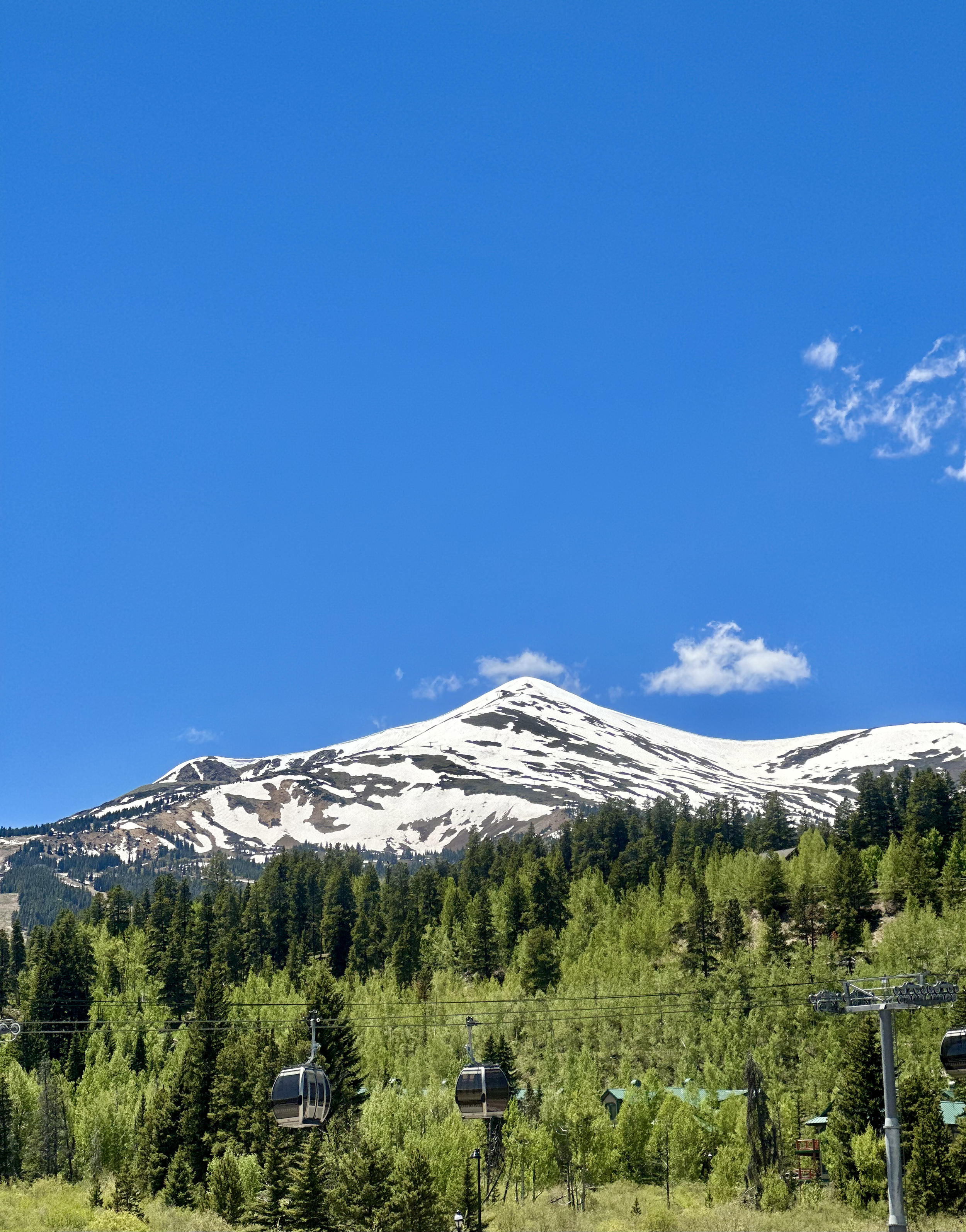 Snow-capped mountain with green forest and blue sky with some clouds, ski lift chairs and cables in the foreground.