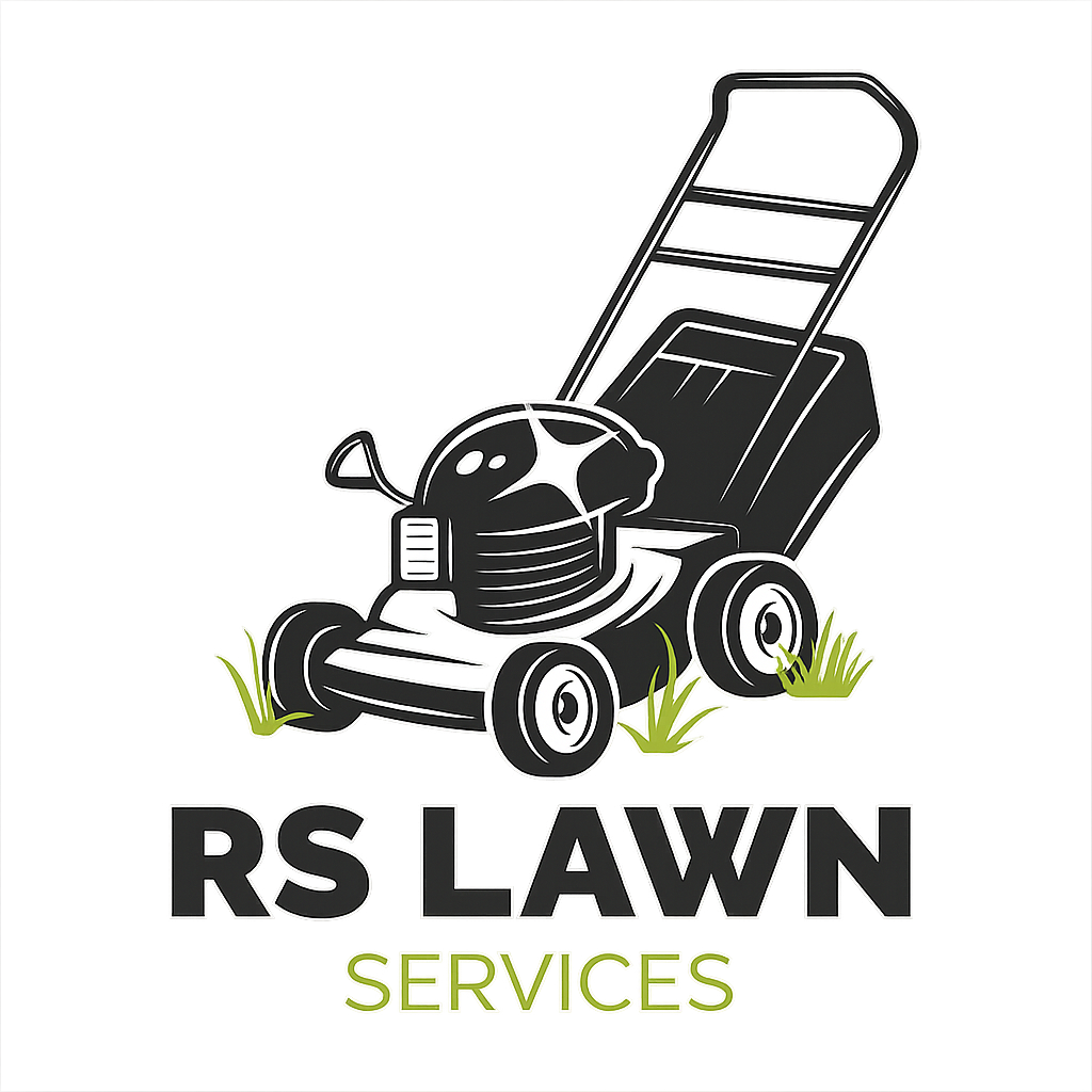 Logo for RS Lawn Services with a drawing of a lawn mower and grass on a black background.
