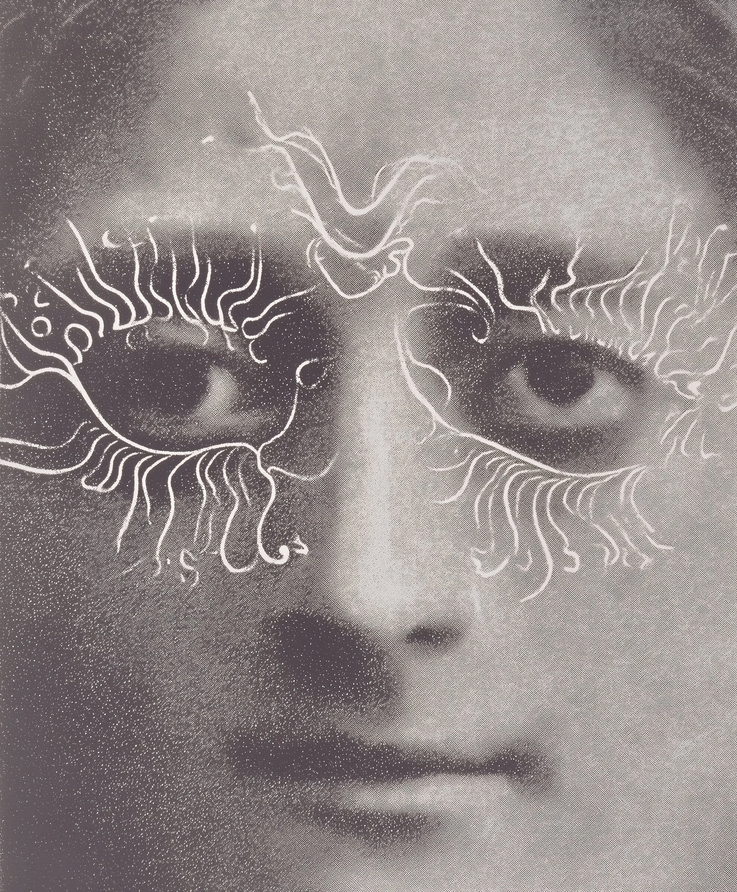 Two people are kissing, with their faces close together and lips touching. The image is black and white with a grainy, stippled effect.
