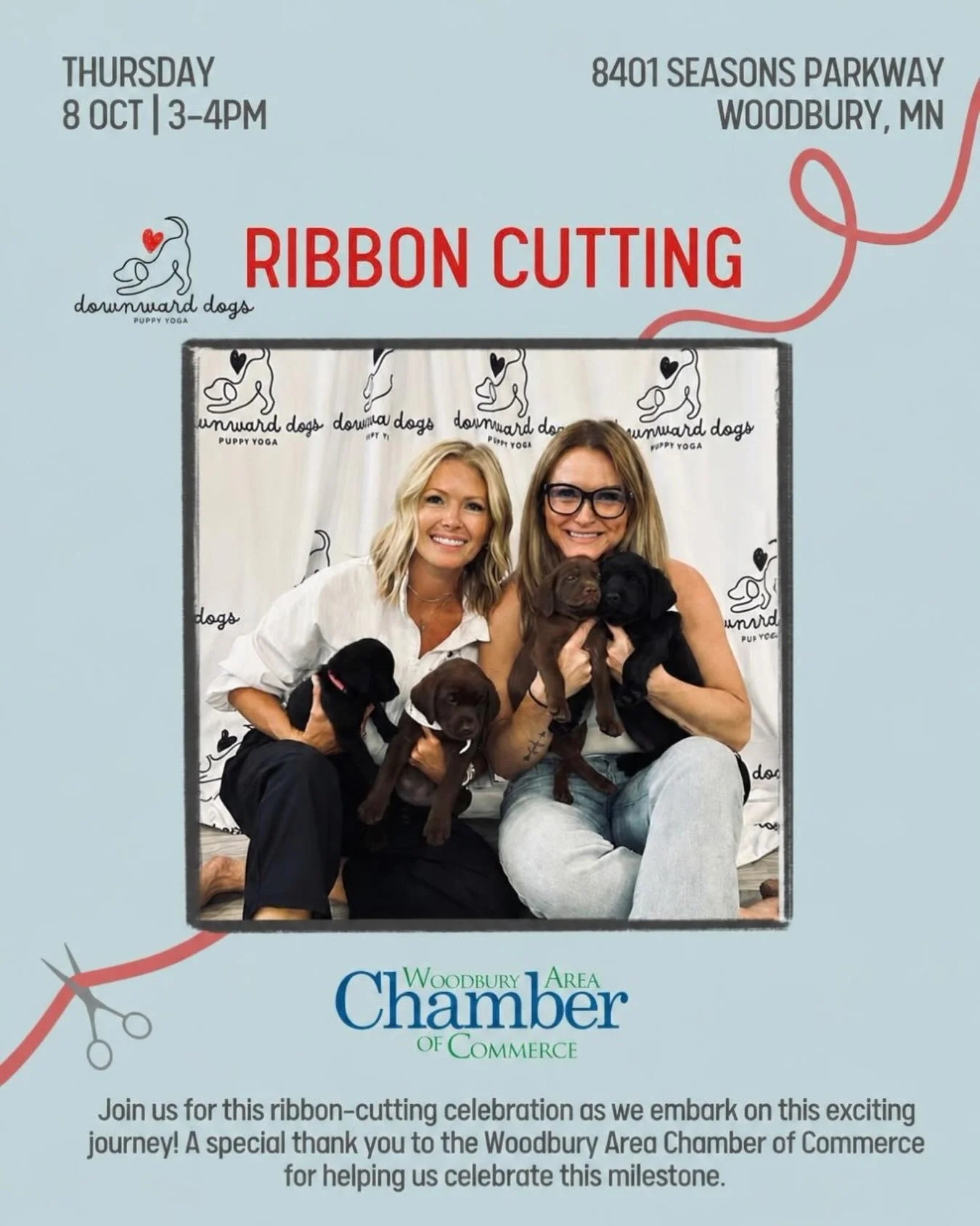 So excited to celebrate this exciting milestone! 🎉 Join us for our ribbon cutting on October 8th! We can&rsquo;t wait to celebrate with you! 🤍

#DownwardDogs #PuppyYoga #WoodburyMN #RibbonCutting #SmallBusiness
