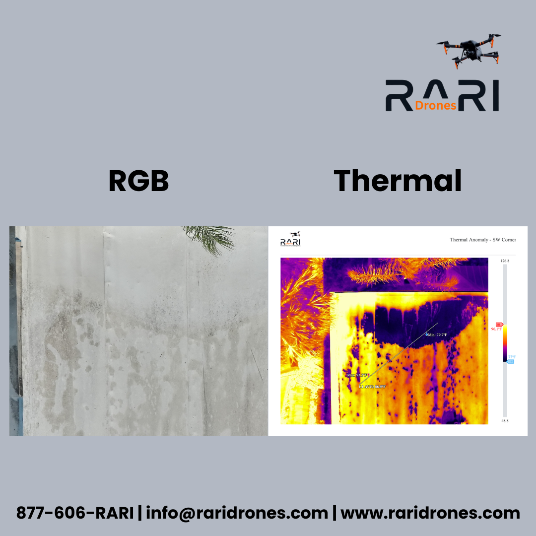 Thermal anomaly analysis of commercial roof SW corner showing temperature differential and possible moisture intrusion compared to standard RGB imagery — RARI Drones Tampa Bay
