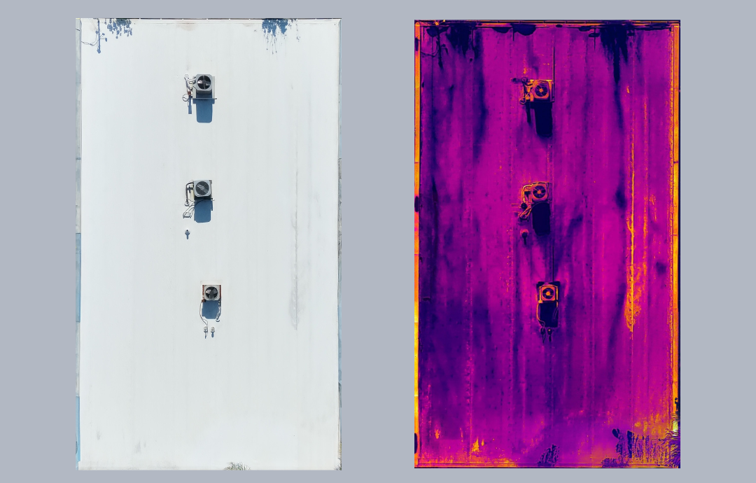 Side by side RGB and thermal drone roof inspection showing HVAC units and moisture patterns by RARI Drones