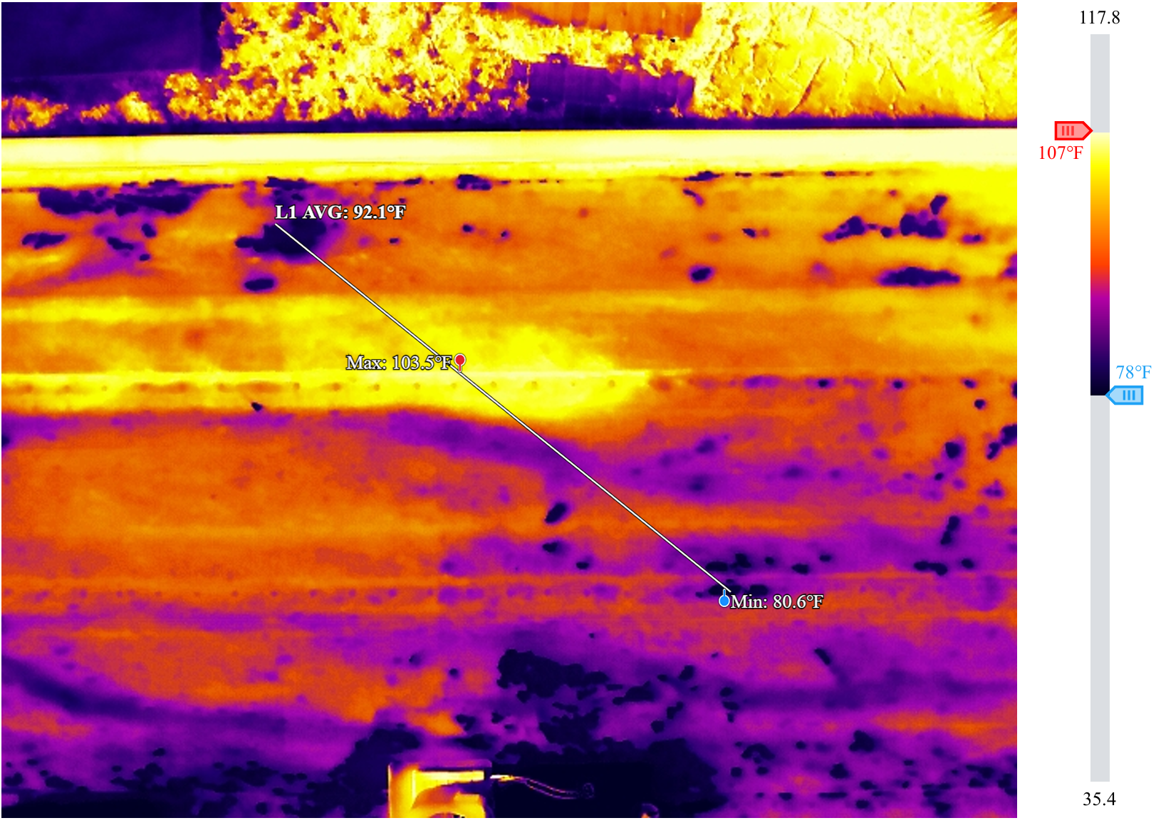 Drone thermal roof analysis with temperature readings showing anomalies on a commercial roof in Tampa, FL - RARI Drones