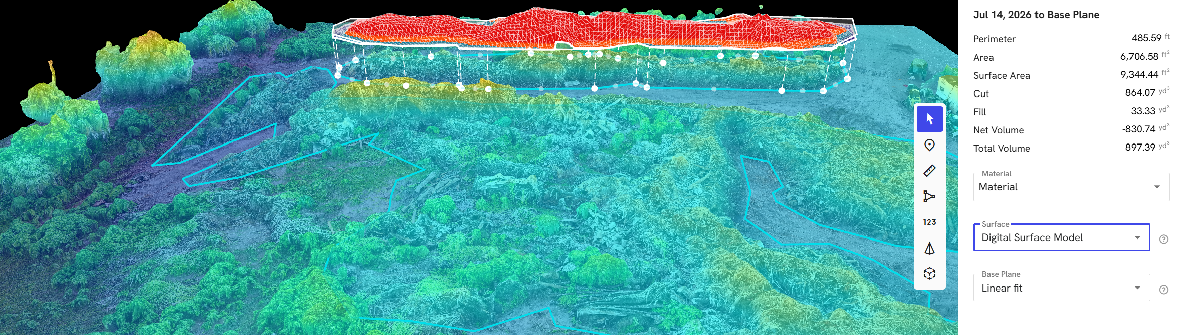 Digital Surface Model DSM elevation overlay with cut and fill volume calculations from DroneDeploy drone mapping platform showing surface features and vegetation