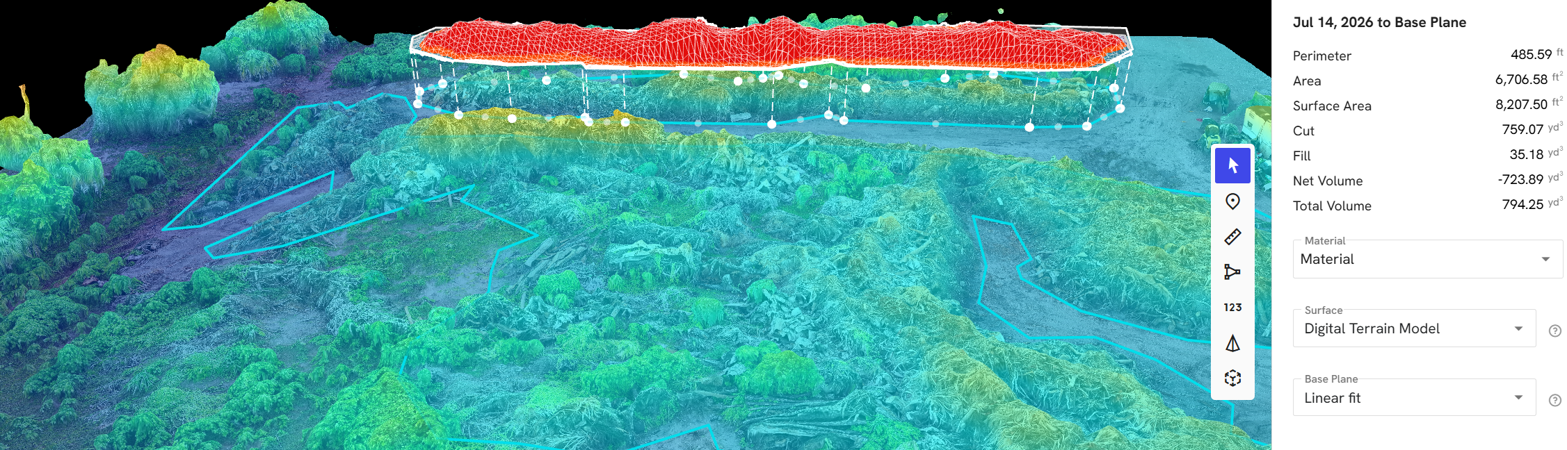 Digital Terrain Model DTM elevation overlay with cut and fill volume calculations from DroneDeploy drone mapping platform showing bare earth surface data