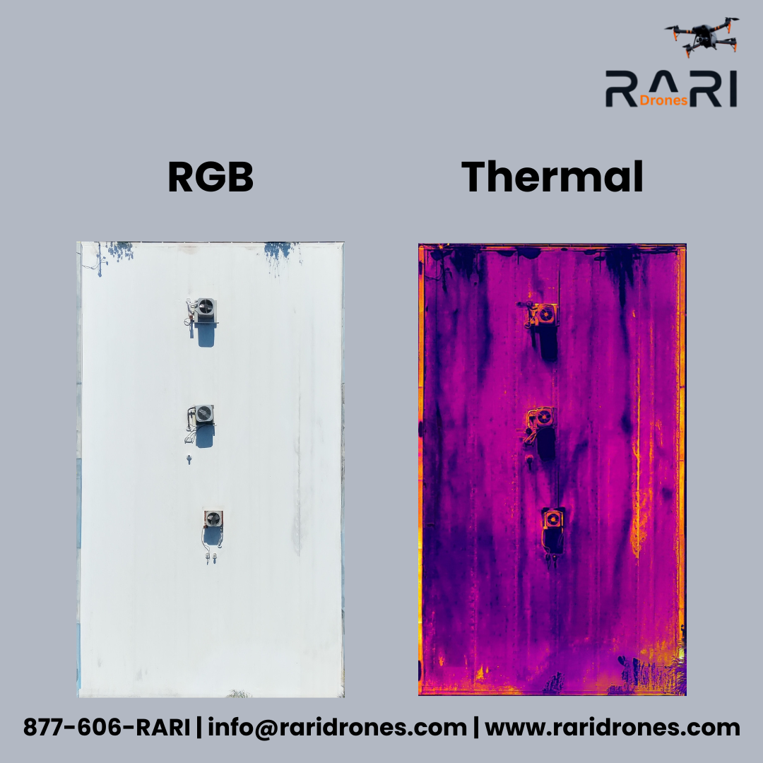 Side-by-side comparison of RGB and thermal drone roof inspection imagery showing hidden moisture and heat anomalies invisible to the naked eye — RARI Drones Tampa Bay