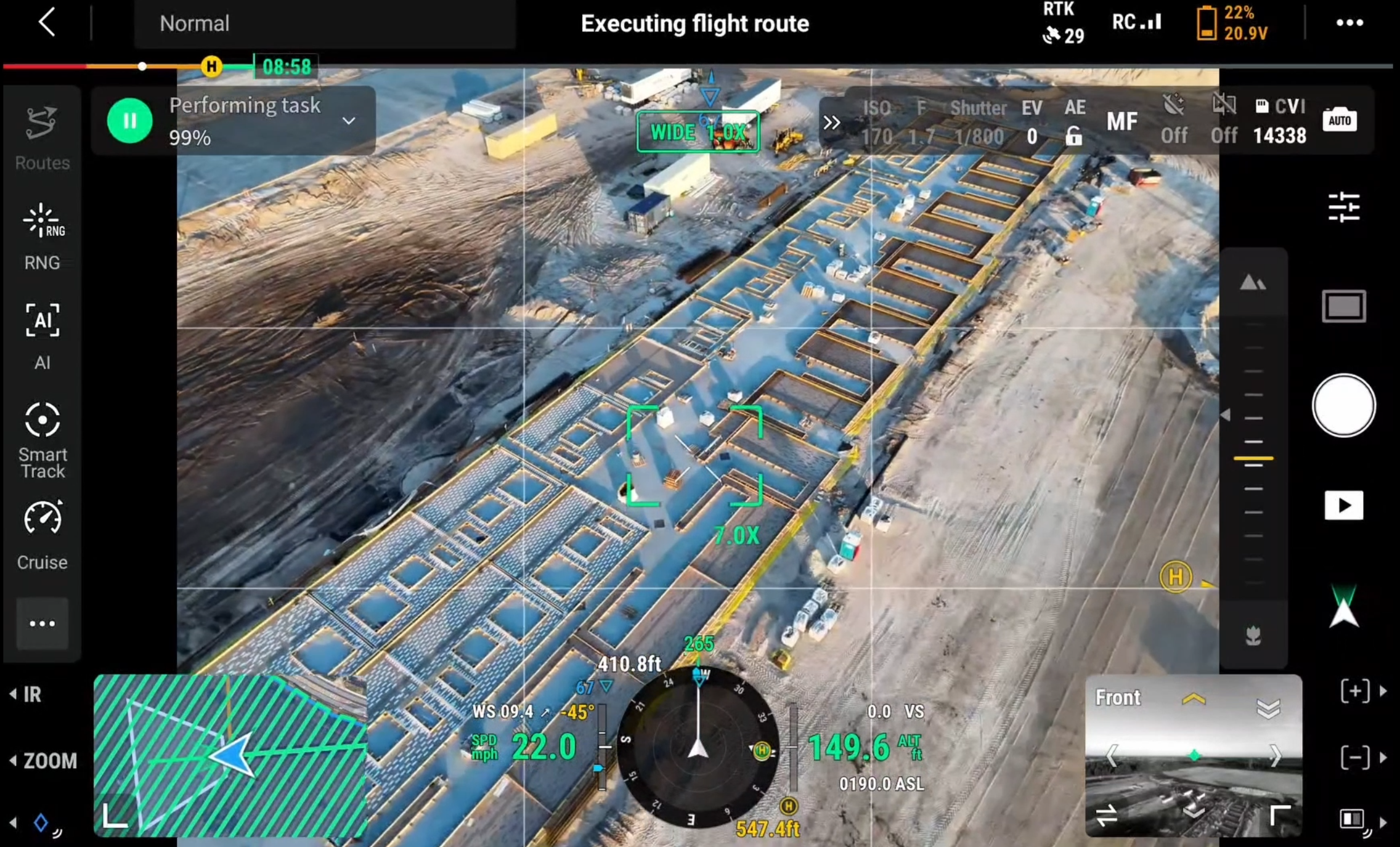 DJI drone controller screen showing automated mapping flight plan over a 71-acre construction site in Tampa Bay, FL | RARI Drones